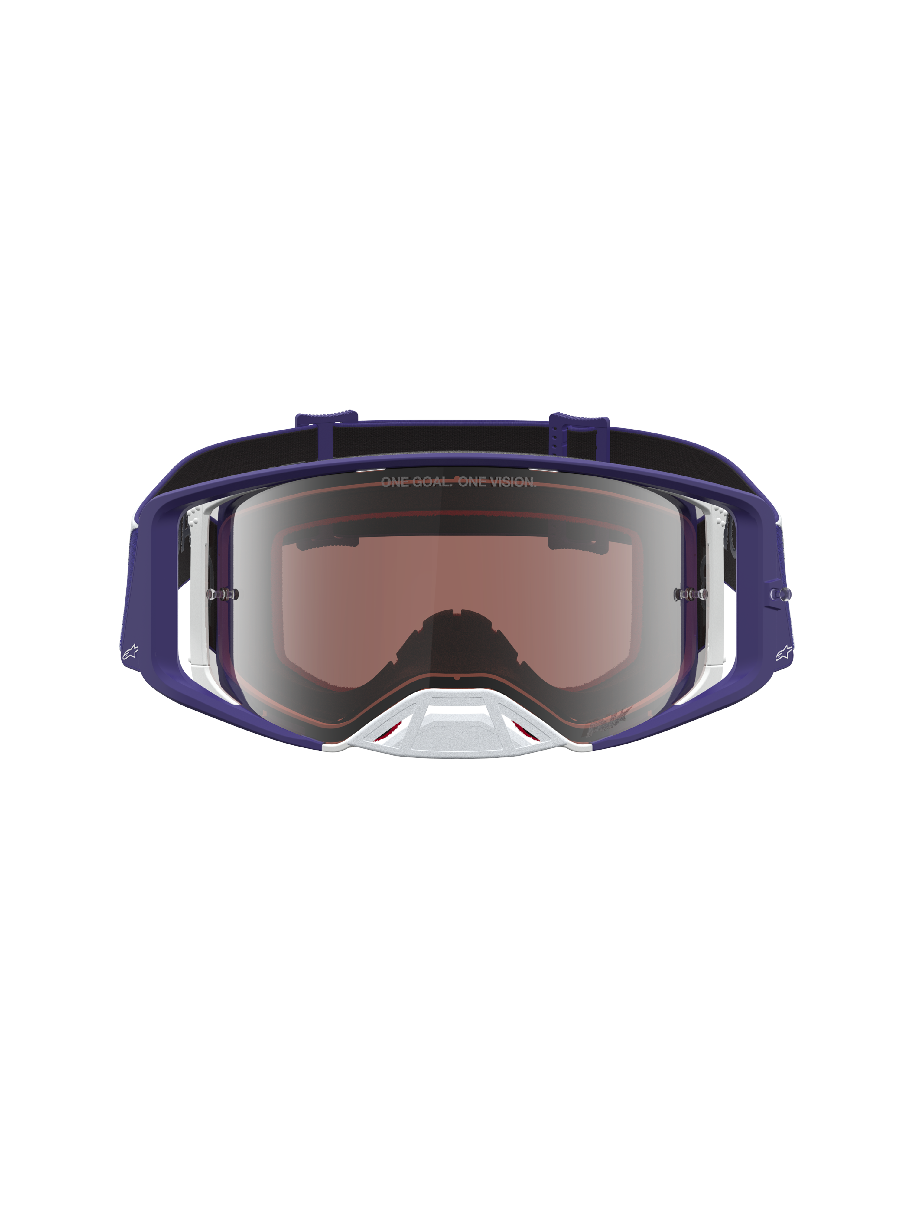 Alpinestars Supertech Atrox veiligheidsbril, motocrossbril, donkerblauw en wit, met spiegelende zilveren lens en race-optiek.