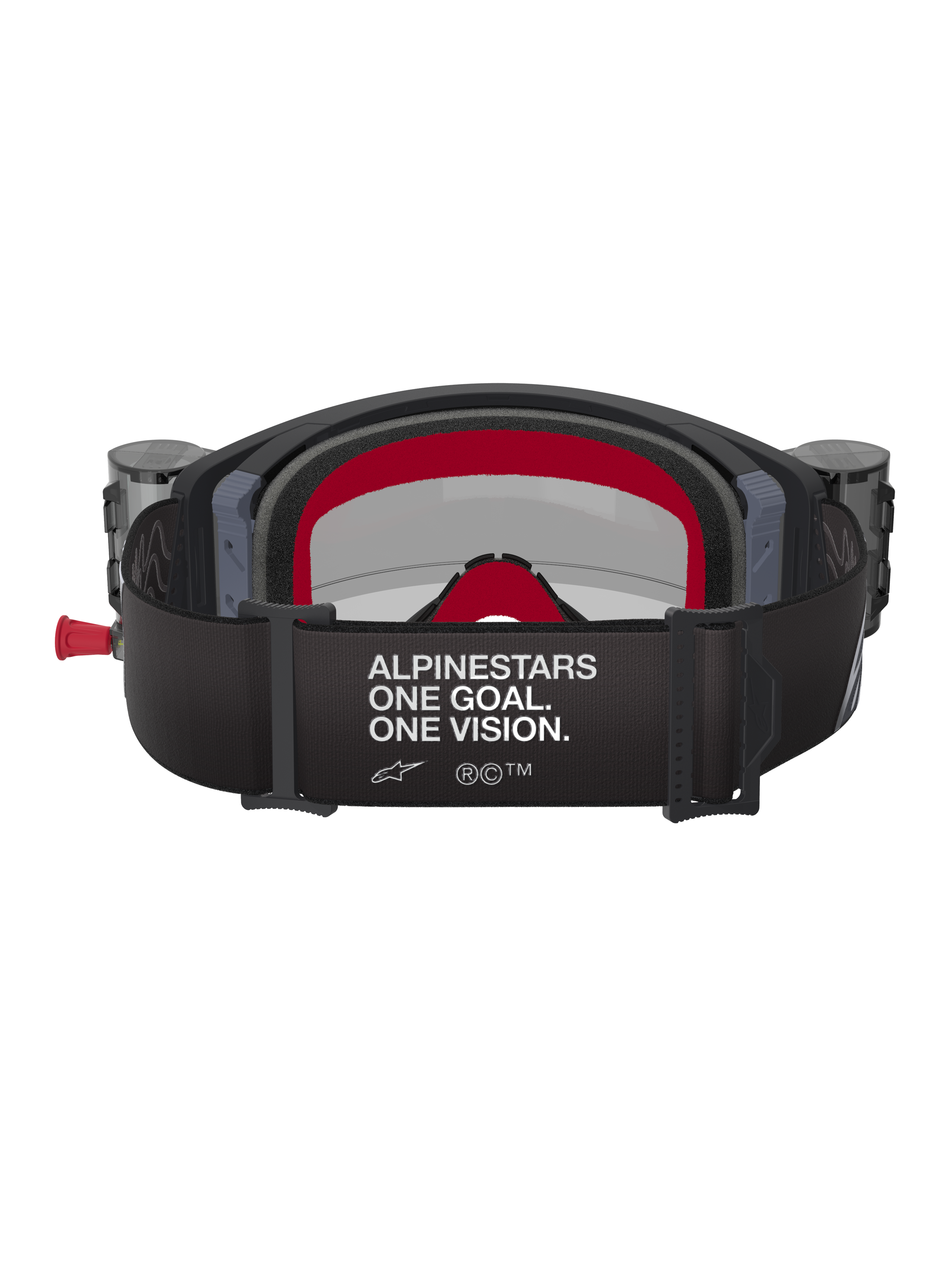Alpinestars Supertech Corp Roll-Off motorcrossbril, zwart en grijs met rode accenten, achteraanzicht met brede band met witte tekst 'ALPINESTARS ONE GOAL. ONE VISION.', geïntegreerde roll-off canisters aan de zijkanten en rood meerlaags gezichtsschuim, professionele motorcross oogbescherming.