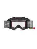 Alpinestars Supertech Corp Roll-Off bril, motorcross- en MTB-bril, zwart en grijs met rood binnenschuim, heldere lens met Wide Vision Roll-Off systeem, "ONE GOAL. ONE VISION." branding, technische off-road oogbescherming met modern hoekig ontwerp