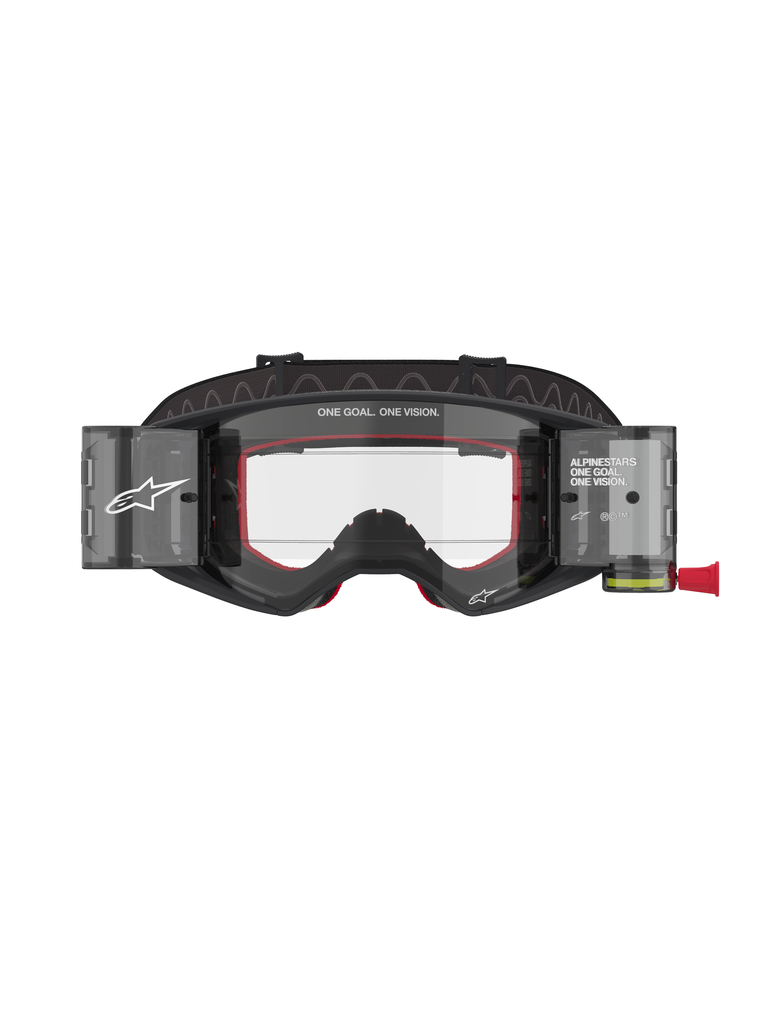 Alpinestars Supertech Corp Roll-Off bril, motorcross- en MTB-bril, zwart en grijs met rood binnenschuim, heldere lens met Wide Vision Roll-Off systeem, "ONE GOAL. ONE VISION." branding, technische off-road oogbescherming met modern hoekig ontwerp