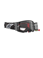 Alpinestars Supertech Corp Goggles Roll Off, motorcrossbril, zwart en grijs, voorzien van een Wide Vision Roll-Off systeem met transparante canisters, een heldere lens met siliconen glijlijnen en een brede zwarte band met het witte Astars-logo, ontworpen voor professionele motocross en off-road racing.
