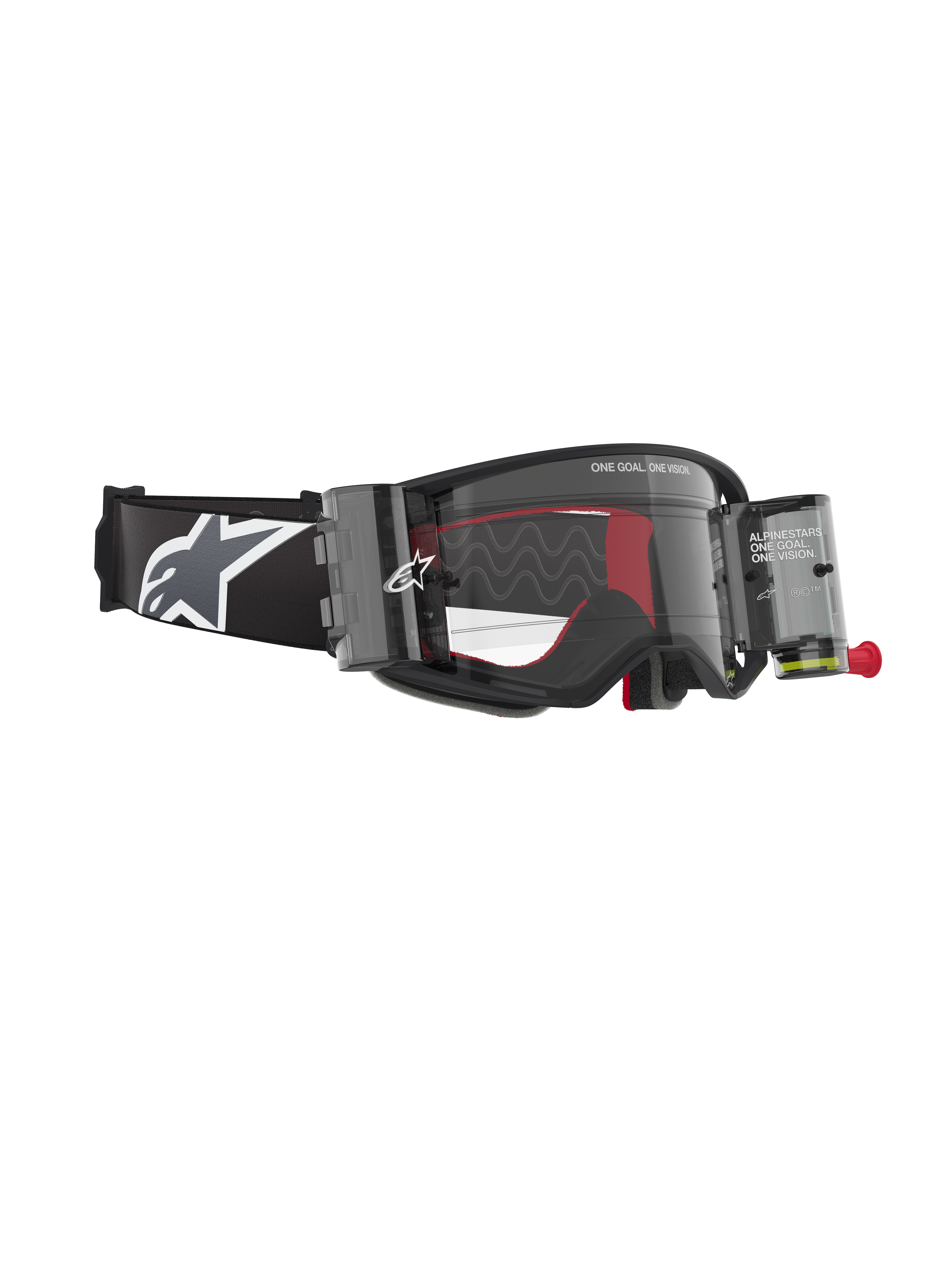 Alpinestars Supertech Corp Goggles Roll Off, motorcrossbril, zwart en grijs, voorzien van een Wide Vision Roll-Off systeem met transparante canisters, een heldere lens met siliconen glijlijnen en een brede zwarte band met het witte Astars-logo, ontworpen voor professionele motocross en off-road racing.