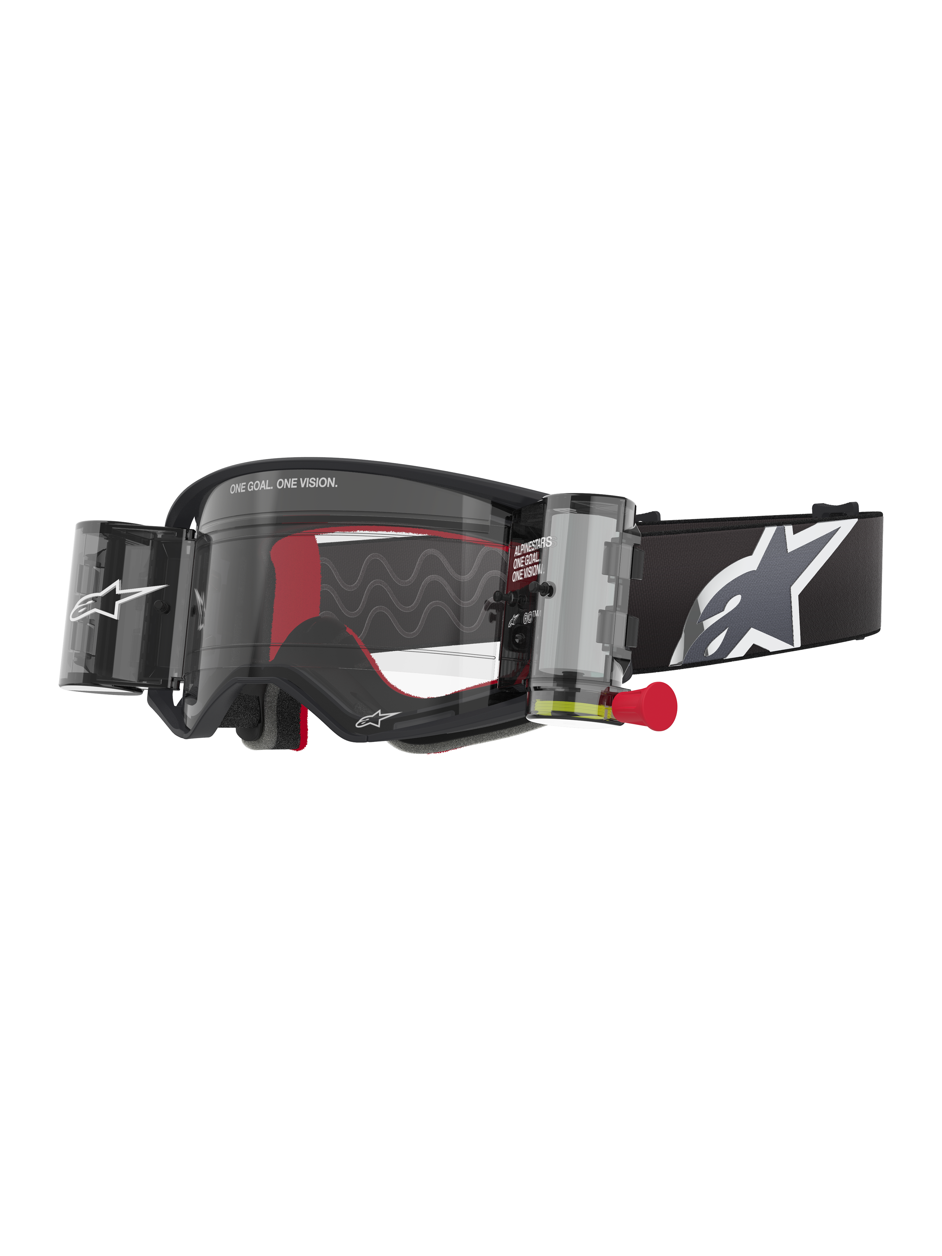 Alpinestars Supertech Corp Goggles Roll Off, zwart frame met heldere lens, voorzien van een Wide Vision Roll-Off systeem en rode trekstrip, zwarte band met een groot grijs en wit Alpinestars-logo, technische motorcrossbril met 'One Goal. One Vision.' branding.