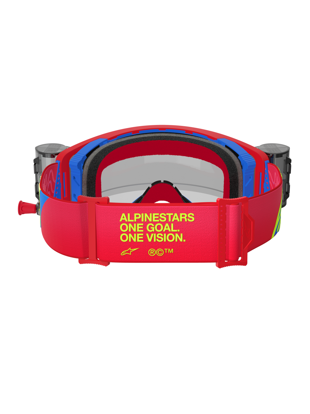 Alpinestars Supertech Corp Goggles, rode en blauwe motorcrossbril, achteraanzicht met rode verstelbare band met gele 'ALPINESTARS ONE GOAL. ONE VISION.' branding, geïntegreerde roll-off reservoirs en zwart meerlaags gezichtsschuim