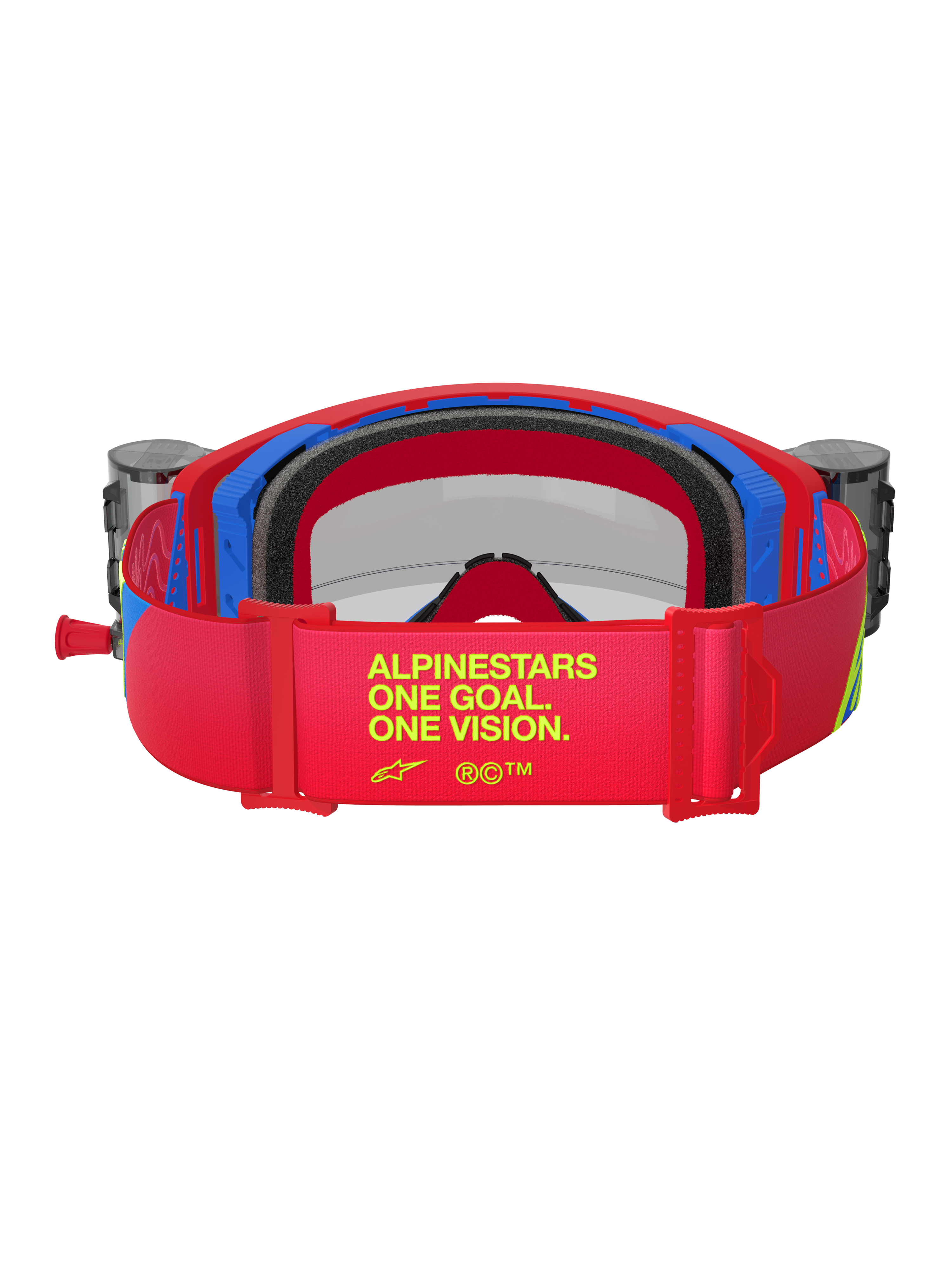 Alpinestars Supertech Corp Goggles, rode en blauwe motorcrossbril, achteraanzicht met rode verstelbare band met gele 'ALPINESTARS ONE GOAL. ONE VISION.' branding, geïntegreerde roll-off reservoirs en zwart meerlaags gezichtsschuim