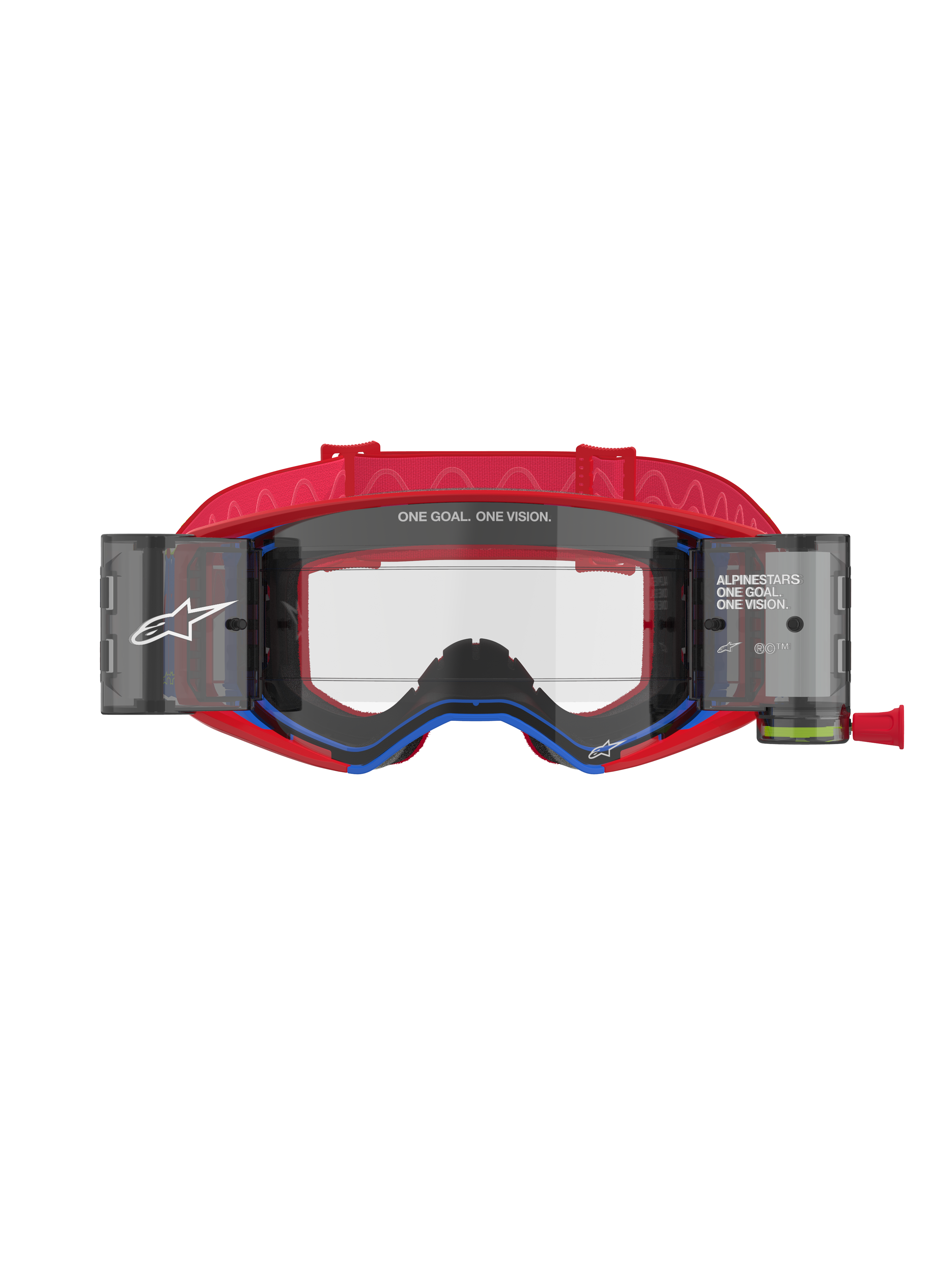 Alpinestars Supertech Corp Roll-Off bril, motocrossbril, rood en blauw, heldere geïnjecteerde lens met geïntegreerde roll-off houders en film, rode band met patroon, professionele oogbescherming voor off-road racing
