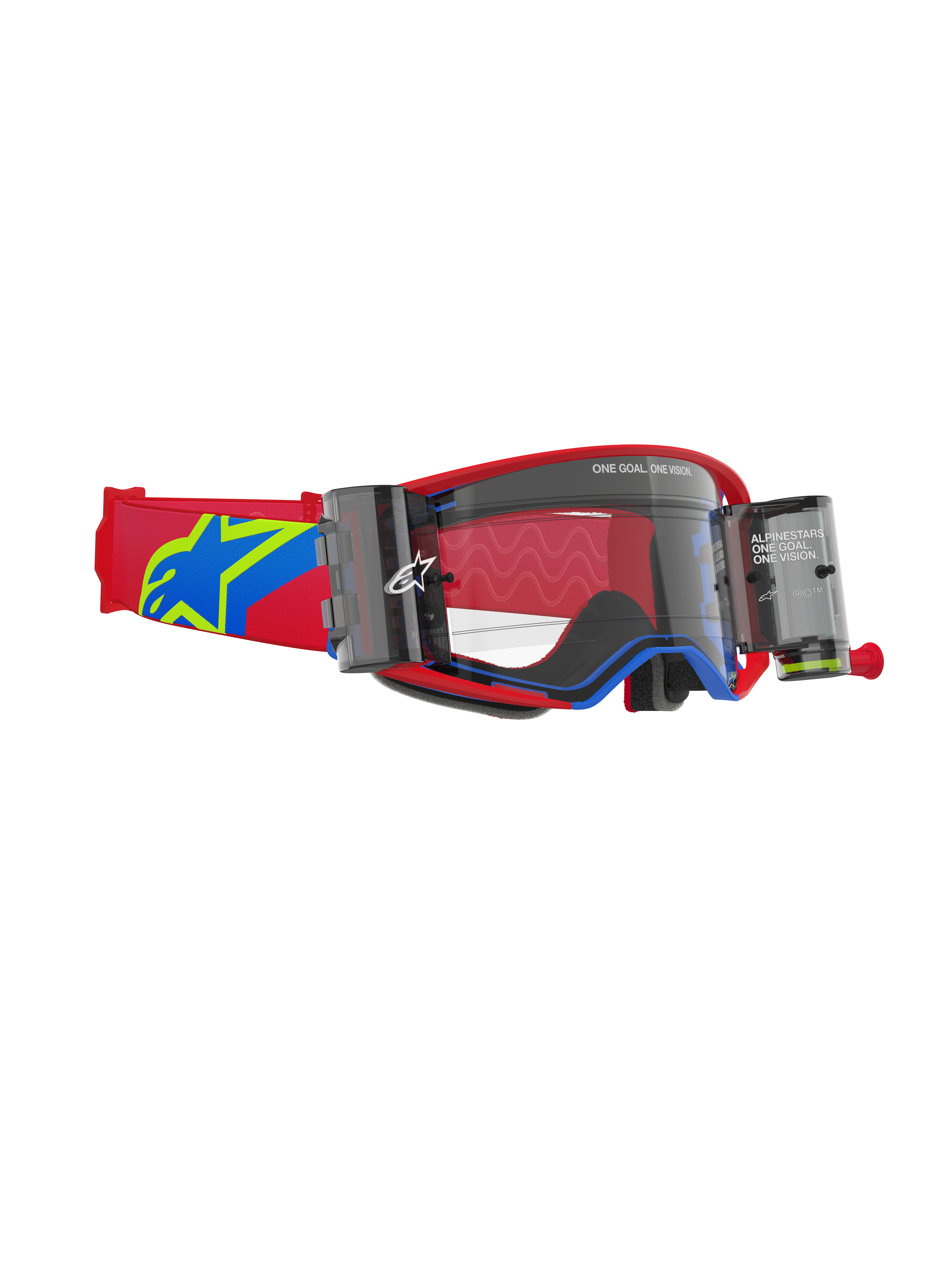 Alpinestars Supertech Corp Roll-Off Goggles, motorcrossbril, rood en blauw frame met heldere lens, geïntegreerd Wide Vision Roll-Off systeem met dubbele canisters, rode verstelbare band met blauw en geel sterlogo, professionele oogbescherming voor off-road racen