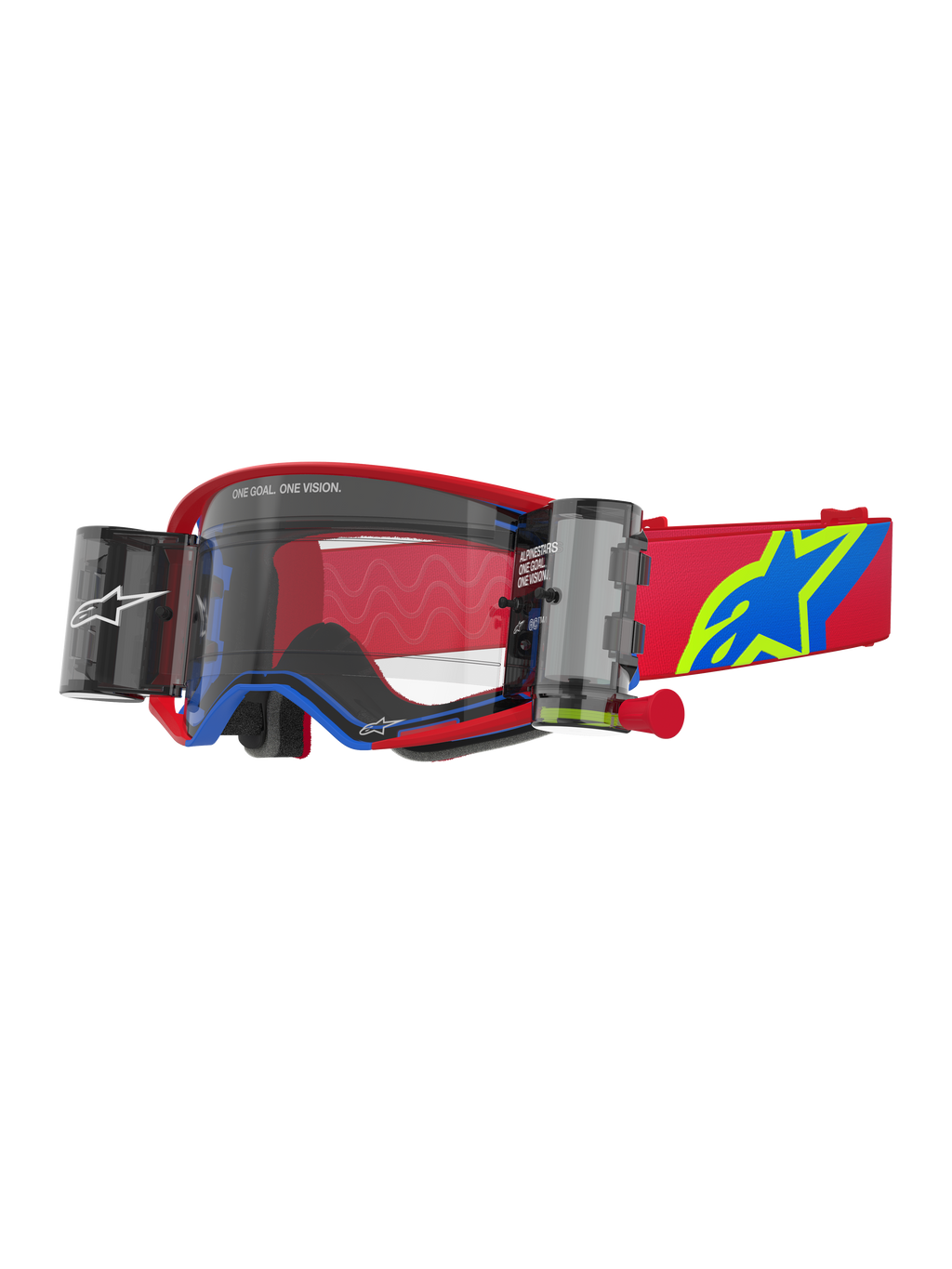Alpinestars Supertech Corp Goggles Roll Off, motorcrossbril, rood en blauw met transparante lens, voorzien van geïntegreerd Wide Vision Roll-Off-systeem, transparante geïnjecteerde lens, rood frame met blauwe accenten, brede rode band met blauw en geel sterlogo, professionele oogbescherming voor off-road racen