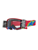 Alpinestars Supertech Corp Goggles Roll Off, motorcrossbril, rood en blauw met transparante lens, voorzien van geïntegreerd Wide Vision Roll-Off-systeem, transparante geïnjecteerde lens, rood frame met blauwe accenten, brede rode band met blauw en geel sterlogo, professionele oogbescherming voor off-road racen