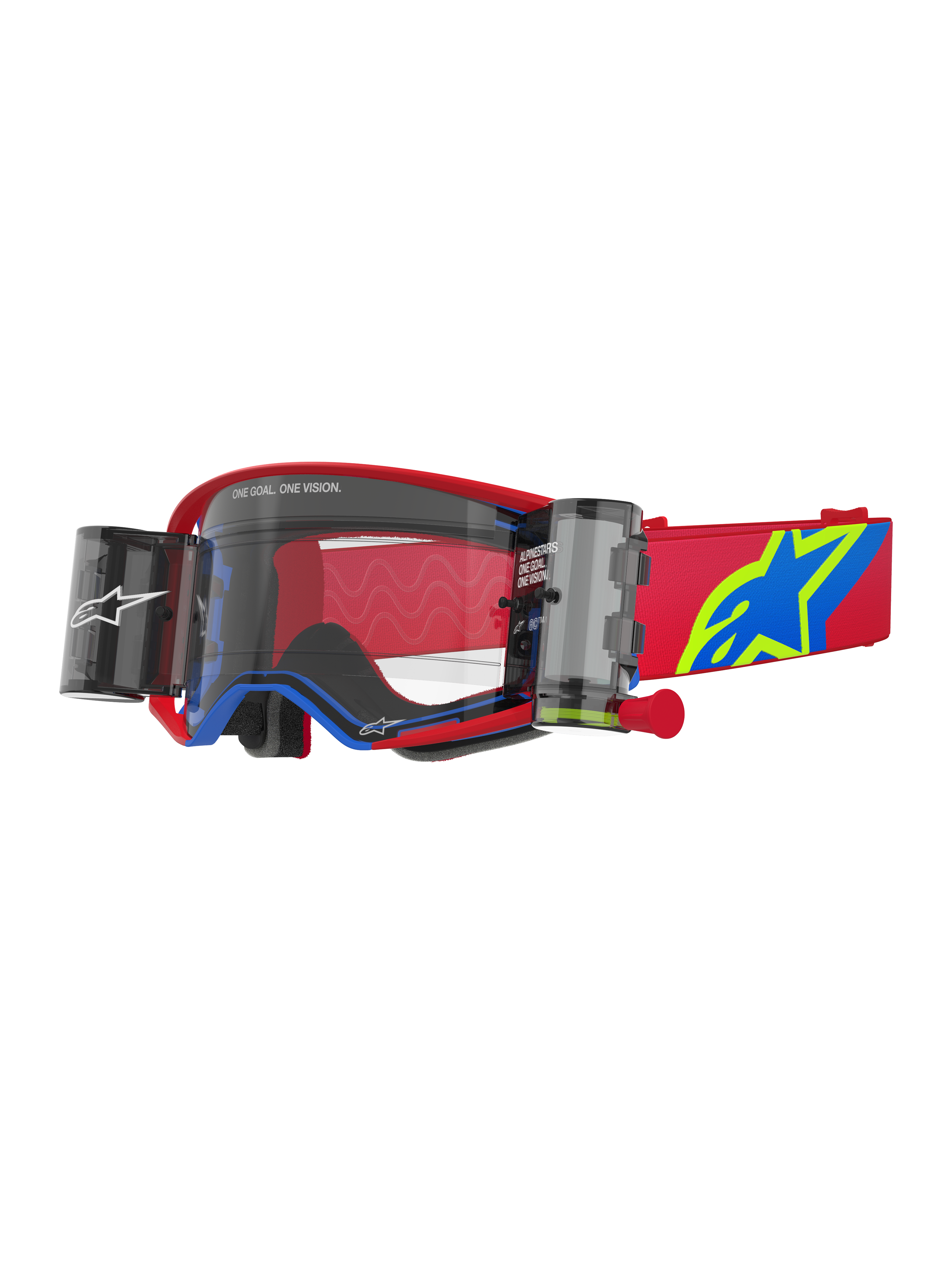 Alpinestars Supertech Corp Goggles Roll Off, motorcrossbril, rood en blauw met transparante lens, voorzien van geïntegreerd Wide Vision Roll-Off-systeem, transparante geïnjecteerde lens, rood frame met blauwe accenten, brede rode band met blauw en geel sterlogo, professionele oogbescherming voor off-road racen
