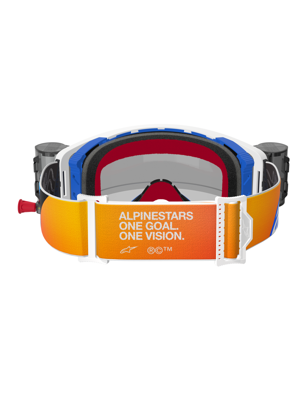 Alpinestars Supertech Corp Goggles Roll Off, achteraanzicht, band met oranje en geel kleurverloop en witte 'Alpinestars One Goal. One Vision.' tekst, blauwe en witte frameonderdelen met zwart 3D-gevormd gezichtsschuim, geïntegreerde roll-off canisters zichtbaar aan de zijkanten