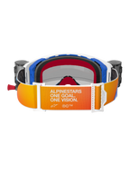 Alpinestars Supertech Corp Goggles Roll Off, achteraanzicht, band met oranje en geel kleurverloop en witte 'Alpinestars One Goal. One Vision.' tekst, blauwe en witte frameonderdelen met zwart 3D-gevormd gezichtsschuim, geïntegreerde roll-off canisters zichtbaar aan de zijkanten