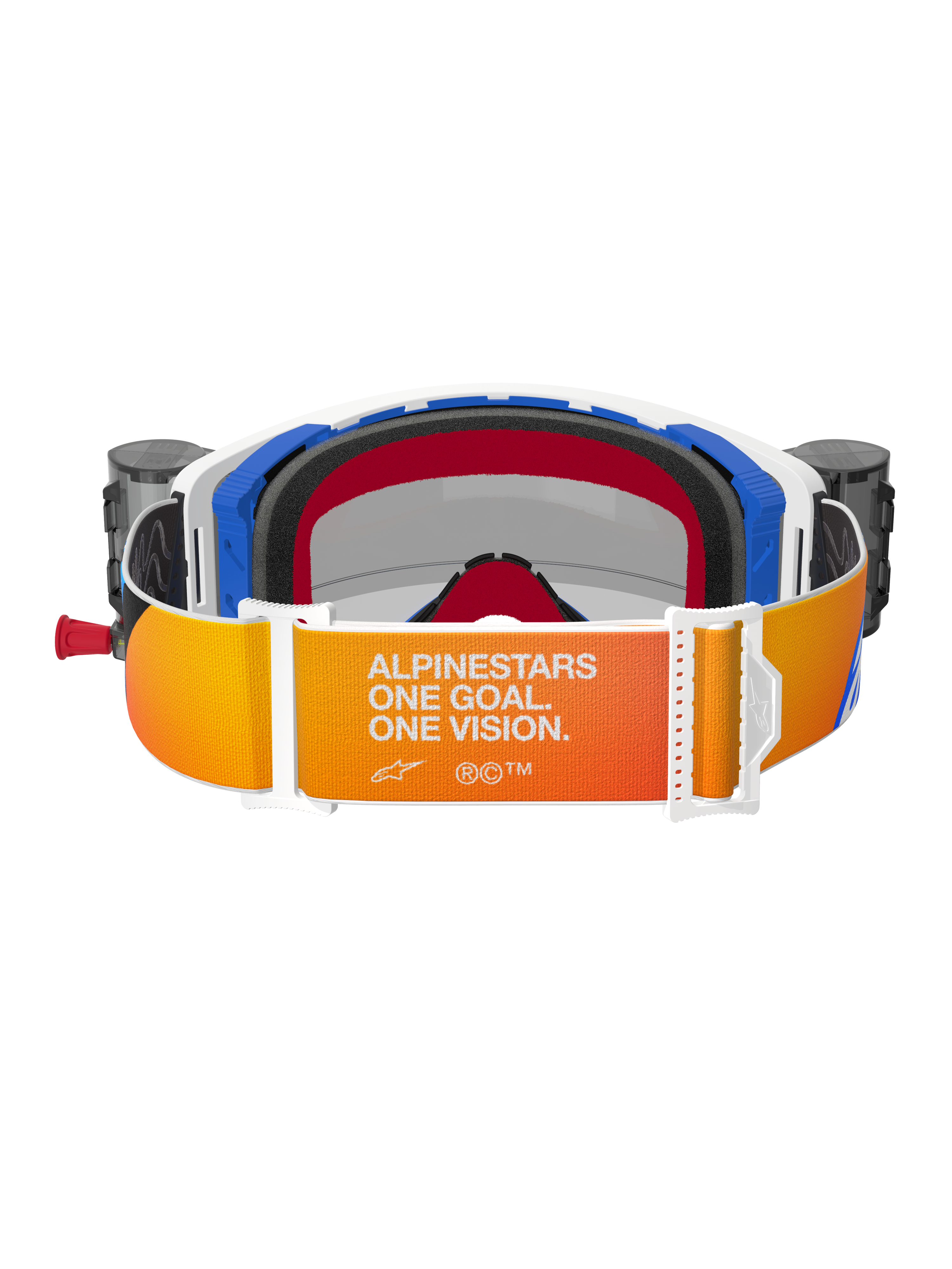Alpinestars Supertech Corp Goggles Roll Off, achteraanzicht, band met oranje en geel kleurverloop en witte 'Alpinestars One Goal. One Vision.' tekst, blauwe en witte frameonderdelen met zwart 3D-gevormd gezichtsschuim, geïntegreerde roll-off canisters zichtbaar aan de zijkanten