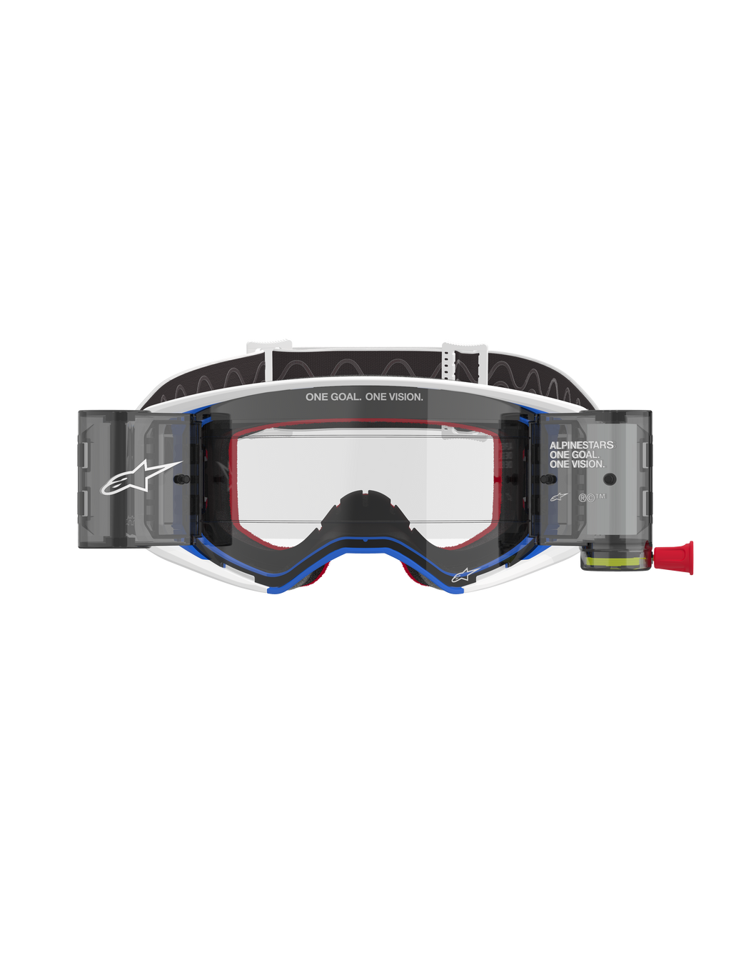 Alpinestars Supertech Corp Goggles Roll Off, motocrossbril, blauw en wit frame met oranje accenten, geïntegreerd wide-view roll-off systeem met heldere lens, professionele off-road oogbescherming voorzien van Alpinestars-branding en "One Goal. One Vision." tekst