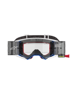 Alpinestars Supertech Corp Goggles Roll Off, motocrossbril, blauw en wit frame met oranje accenten, geïntegreerd wide-view roll-off systeem met heldere lens, professionele off-road oogbescherming voorzien van Alpinestars-branding en "One Goal. One Vision." tekst