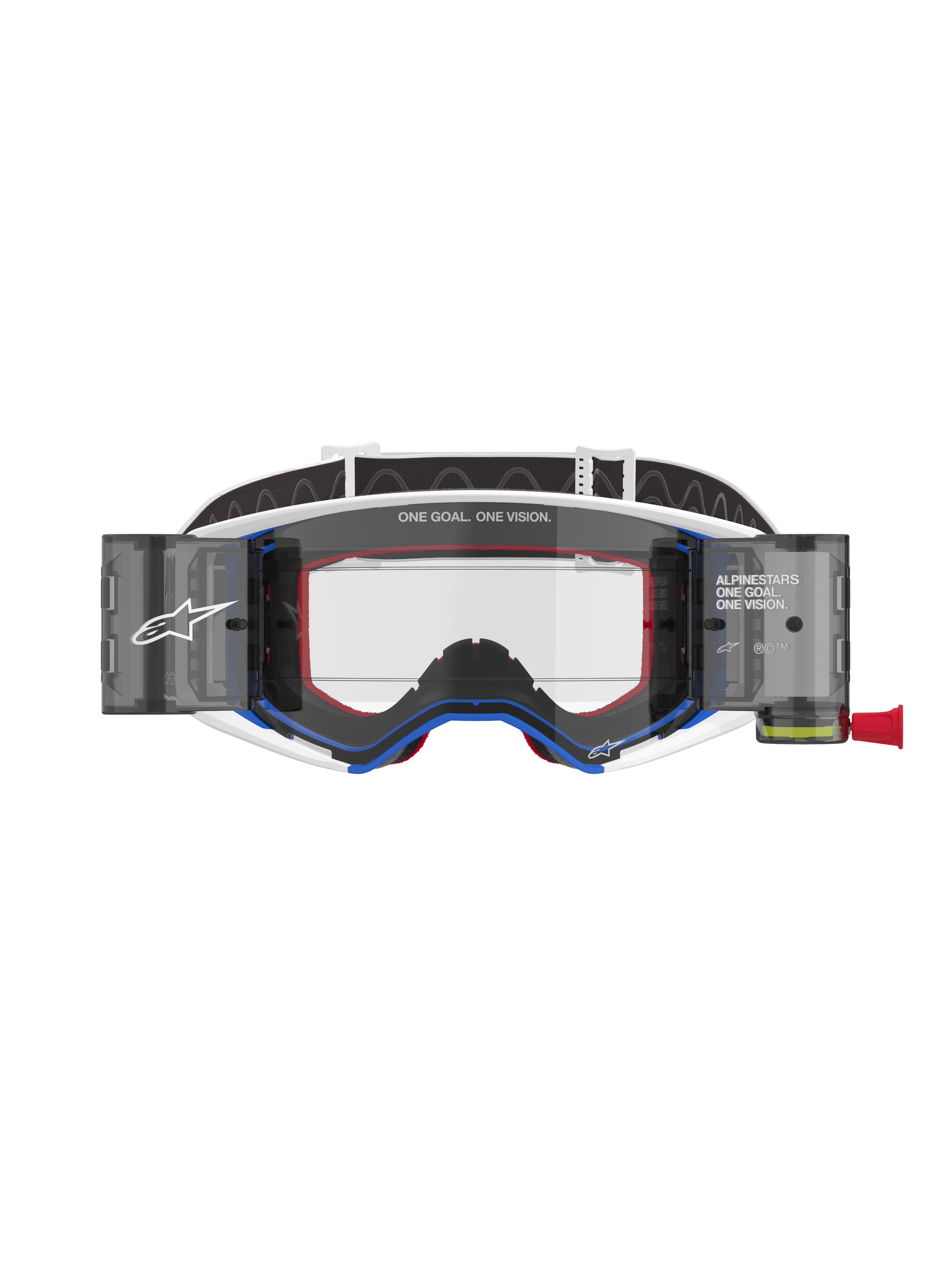 Alpinestars Supertech Corp Goggles Roll Off, motocrossbril, blauw en wit frame met oranje accenten, geïntegreerd wide-view roll-off systeem met heldere lens, professionele off-road oogbescherming voorzien van Alpinestars-branding en "One Goal. One Vision." tekst