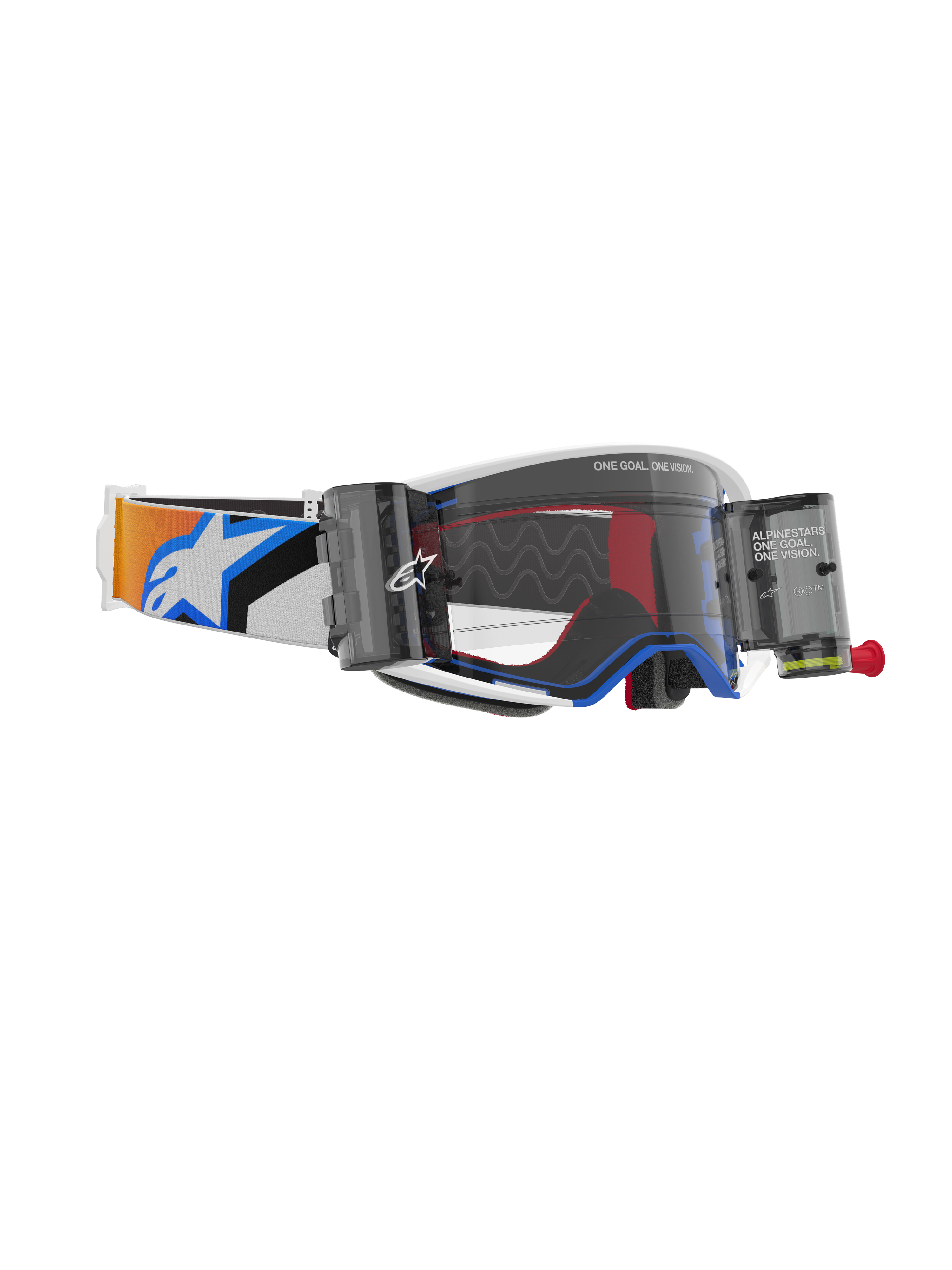 Alpinestars Supertech Corp Roll-Off crossbril, blauwe en oranje kleuruitvoering, heldere spuitgegoten lens met Wide Vision Roll-Off systeem, gegolfde siliconen glijlijnen, verstelbare elastische band met opvallend Alpinestars-logo, hoogwaardige motocross-bril
