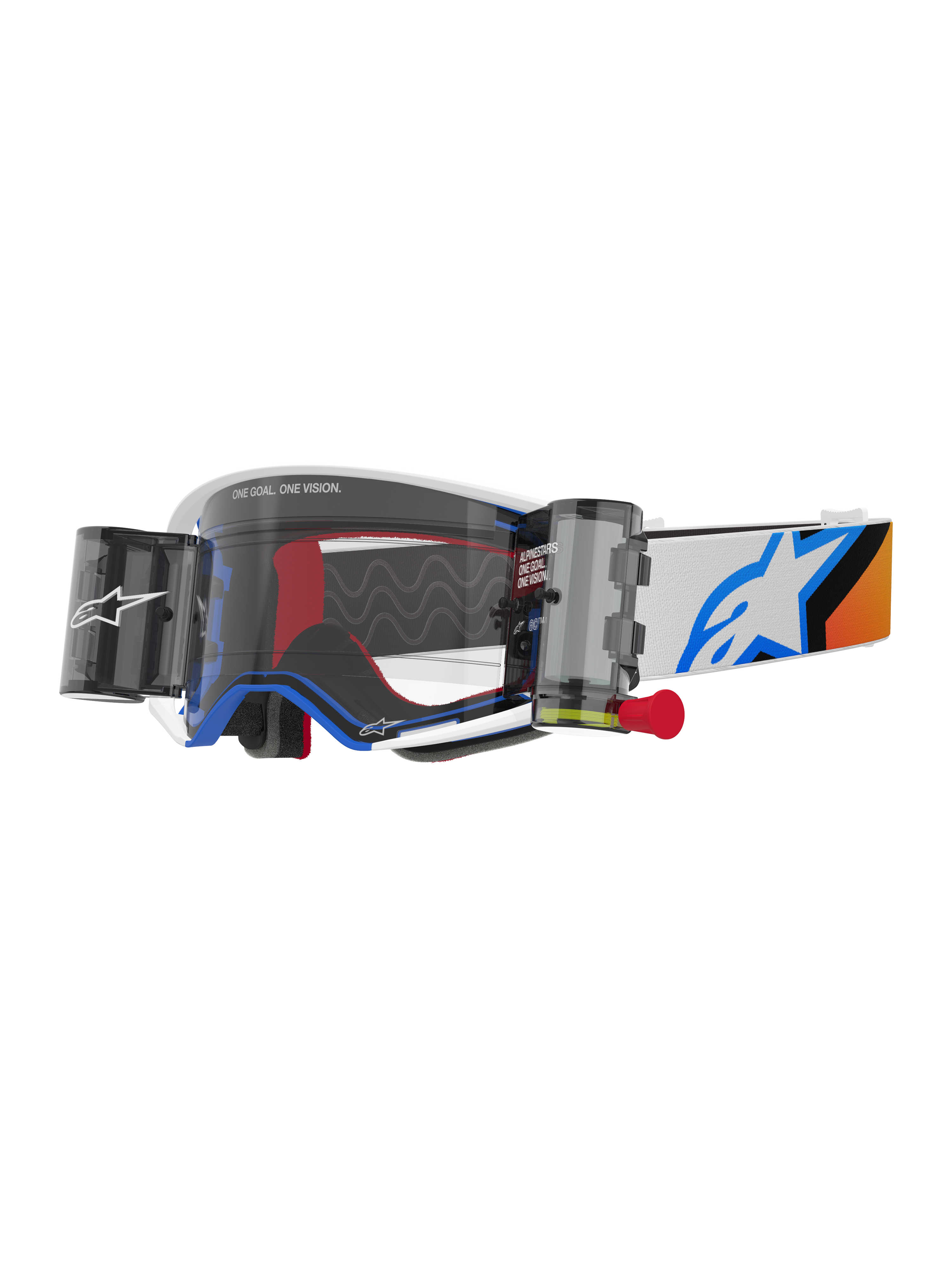 Alpinestars Supertech Corp Goggles Roll Off, motorcrossbril, blauw en oranje design, wit frame met heldere lens en roll-off systeem, voorzien van wide vision canisters en een blauw Astars-logo op de band