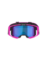 Alpinestars Vision 8 Vista Goggles, motorcrossbril, Pink Fluo en Yellow Fluo met Mirror Blue lens, felroze frame, gespiegelde blauwe lens, zwarte band met 'ONE GOAL. ONE VISION.' branding, professionele off-road racebril