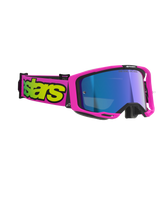 Alpinestars Vision 8 Vista Goggles, motocrossbril, fluorescerend roze en fluorescerend geel met blauwe spiegelende lens, felroze frame en band met opvallende gele branding, professionele off-road oogbescherming
