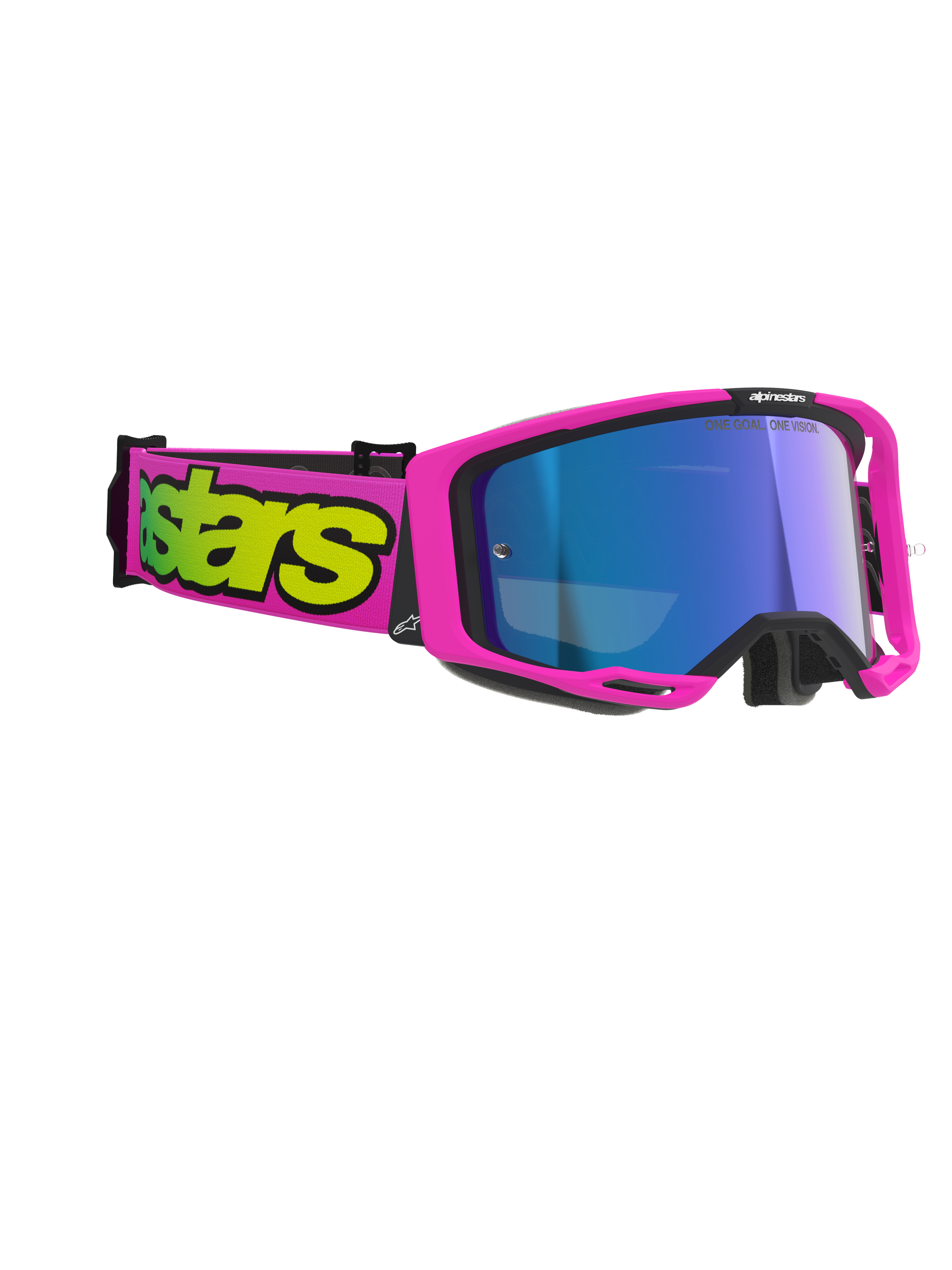 Alpinestars Vision 8 Vista Goggles, motocrossbril, fluorescerend roze en fluorescerend geel met blauwe spiegelende lens, felroze frame en band met opvallende gele branding, professionele off-road oogbescherming