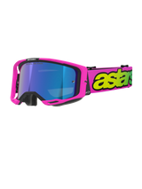 Alpinestars Vision 8 Vista Goggles, motocrossbril, fluo roze en fluo geel met Mirror Blue lens, felroze frame, brede roze band met opvallende fluo gele branding, hoogwaardige oogbescherming voor off-road