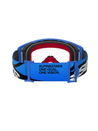 Alpinestars Supertech Stream Goggles, motorcrossbril, blauw en transparant, achteraanzicht van de blauwe band met "ALPINESTARS ONE GOAL. ONE VISION." tekst, zwart-witte graphics en rode en zwarte schuimvoering