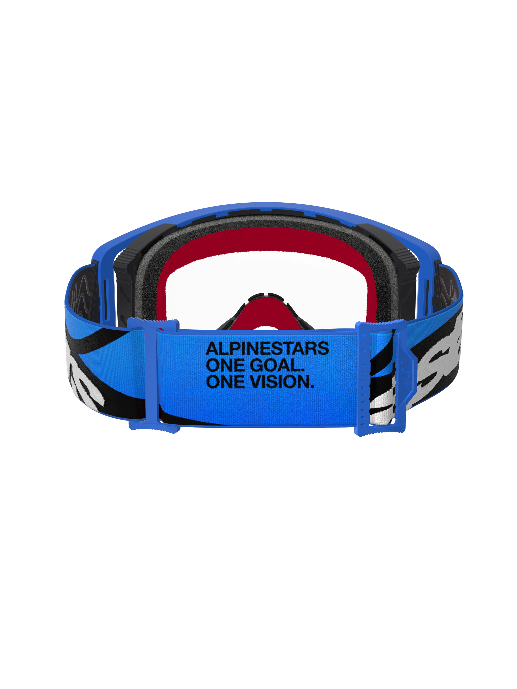 Alpinestars Supertech Stream Goggles, motorcrossbril, blauw en transparant, achteraanzicht van de blauwe band met "ALPINESTARS ONE GOAL. ONE VISION." tekst, zwart-witte graphics en rode en zwarte schuimvoering