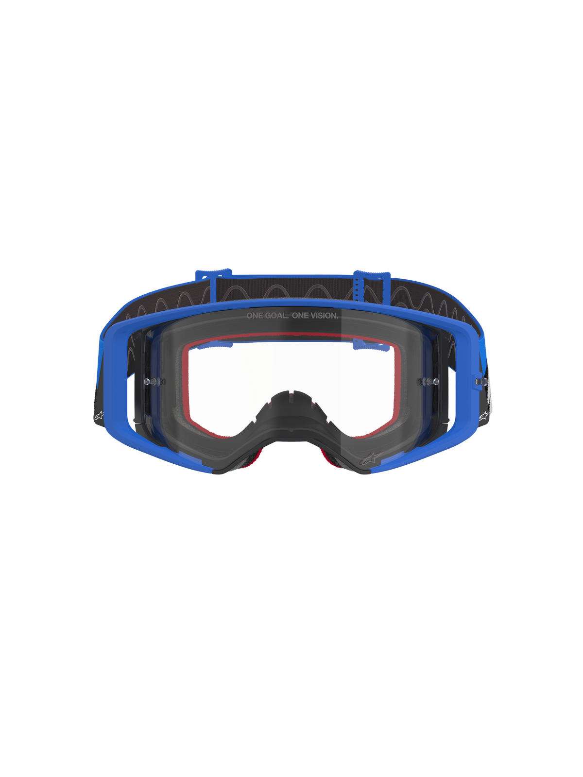 Alpinestars Supertech Stream motorcrossbril, motorcross- en off-roadbril, blauw met heldere lens, voorzien van een blauw frame, rode foamvulling en zwarte verstelbare band met interne siliconen grip, 'ONE GOAL. ONE VISION.' branding op de lens, hoogwaardige beschermende bril voor racen