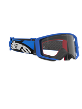 Alpinestars Supertech Stream Goggles, motorcrossbril, blauw frame en heldere lens, blauw-zwarte band met wit Alpinestars-logo, hoogwaardige bril voor racen
