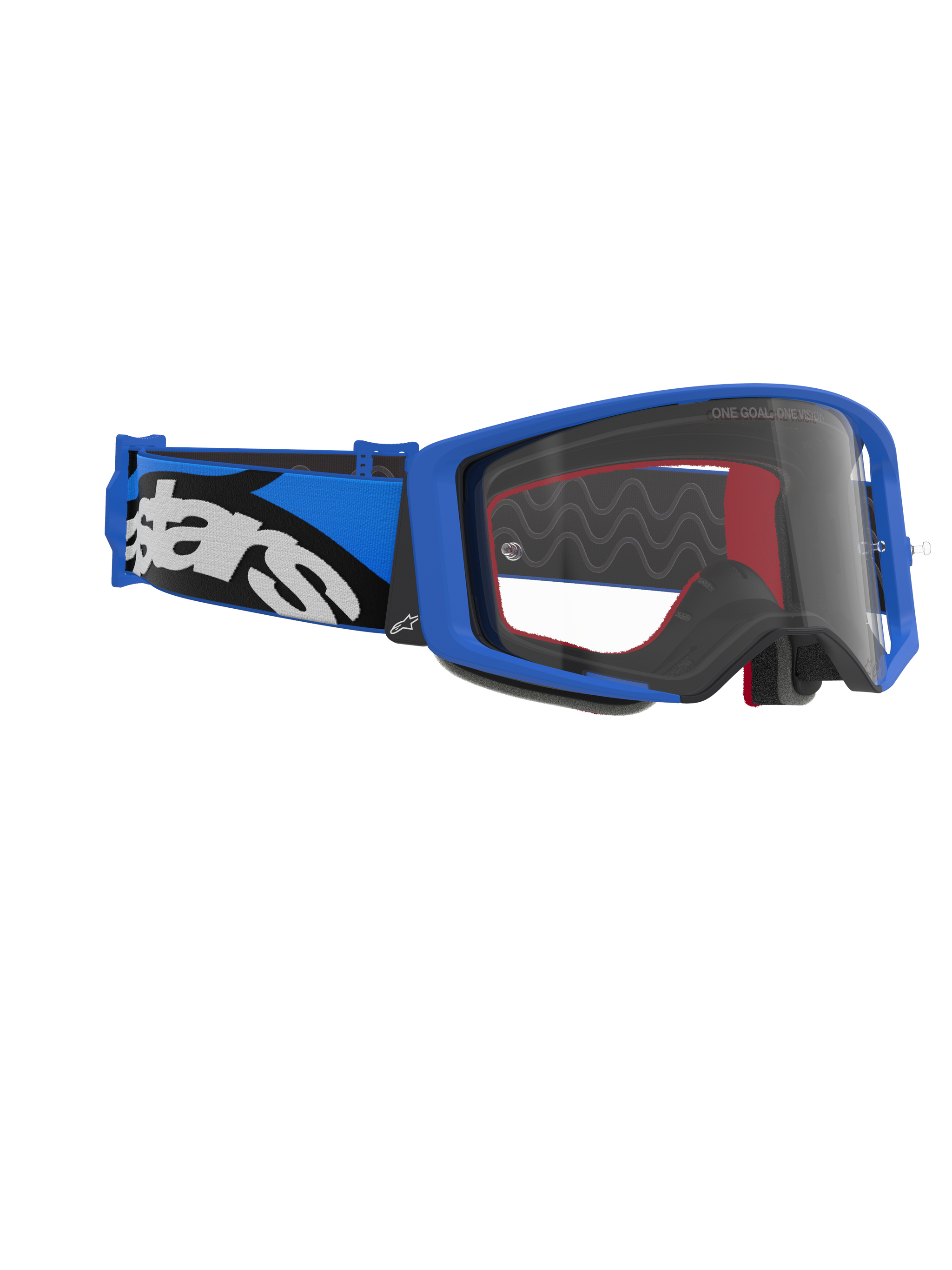Alpinestars Supertech Stream Goggles, motorcrossbril, blauw frame en heldere lens, blauw-zwarte band met wit Alpinestars-logo, hoogwaardige bril voor racen