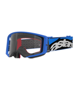Alpinestars Supertech Stream Goggles, motocrossbril, blauw en transparant, helderblauw frame met een heldere lens, brede blauwe en zwarte verstelbare band met een opvallend wit 'astars'-logo, rode schuimaccenten aan de binnenkant, professionele bril voor off-road- en motocrosswedstrijden