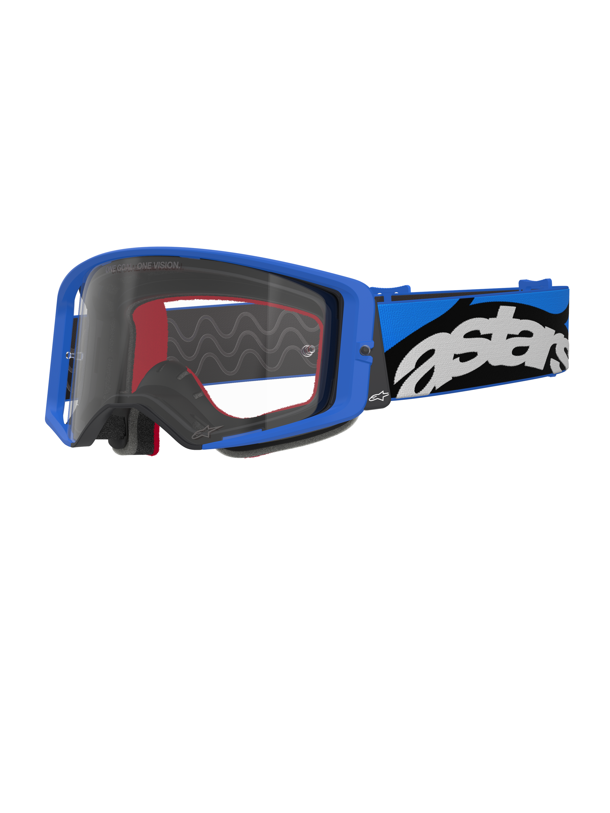 Alpinestars Supertech Stream Goggles, motocrossbril, blauw en transparant, helderblauw frame met een heldere lens, brede blauwe en zwarte verstelbare band met een opvallend wit 'astars'-logo, rode schuimaccenten aan de binnenkant, professionele bril voor off-road- en motocrosswedstrijden