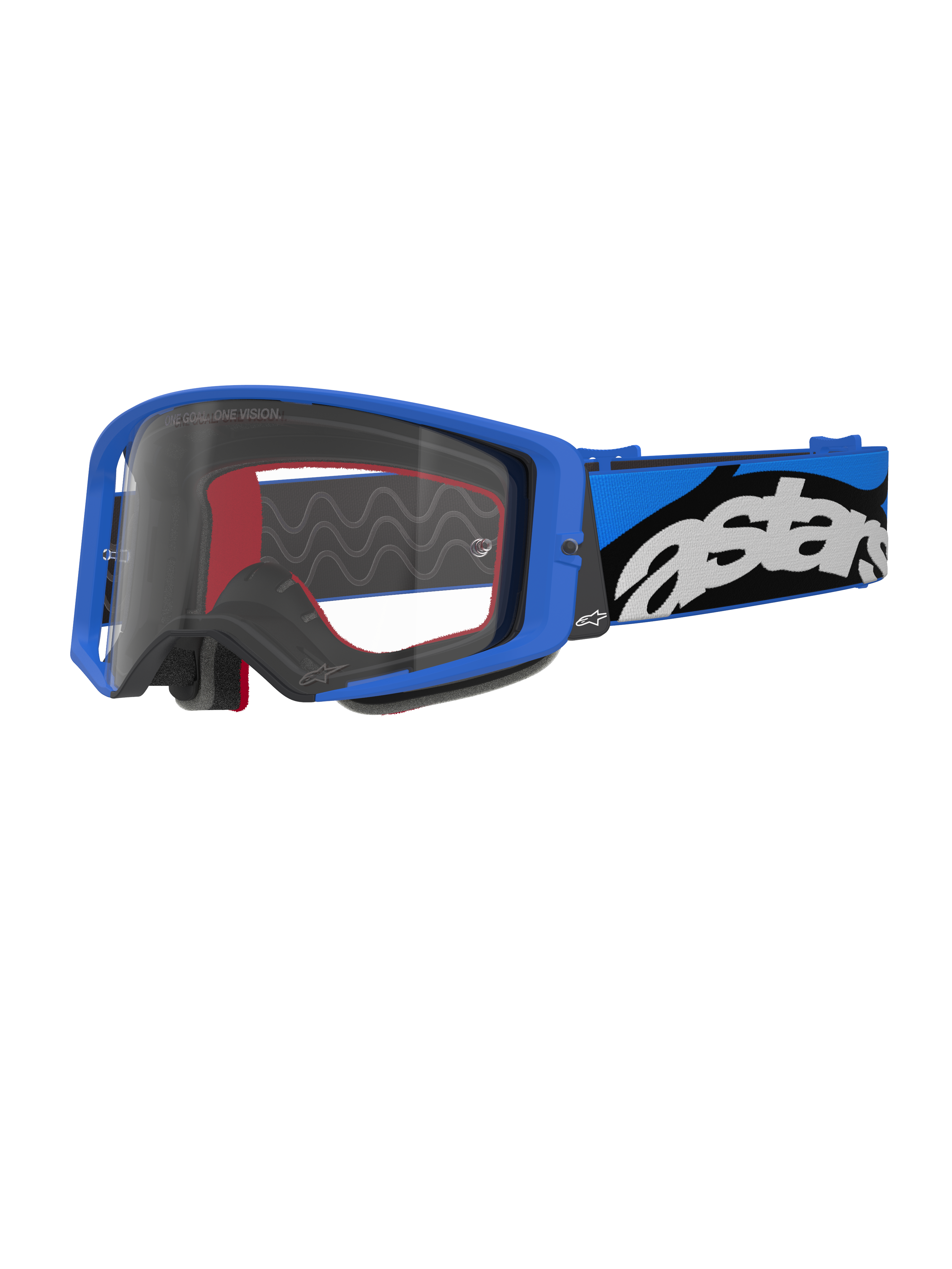 Alpinestars Supertech Stream Goggles, motocrossbril, blauw en transparant, helderblauw frame met een heldere lens, brede blauwe en zwarte verstelbare band met een opvallend wit 'astars'-logo, rode schuimaccenten aan de binnenkant, professionele bril voor off-road- en motocrosswedstrijden