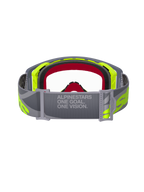 Alpinestars Supertech Stream Goggles, motorcrossbril, grijs en fluogeel, achteraanzicht met de verstelbare grijze band met 'ONE GOAL. ONE VISION.' tekst, heldere lens en meerlaags gezichtsschuim, professionele off-road race-uitrusting
