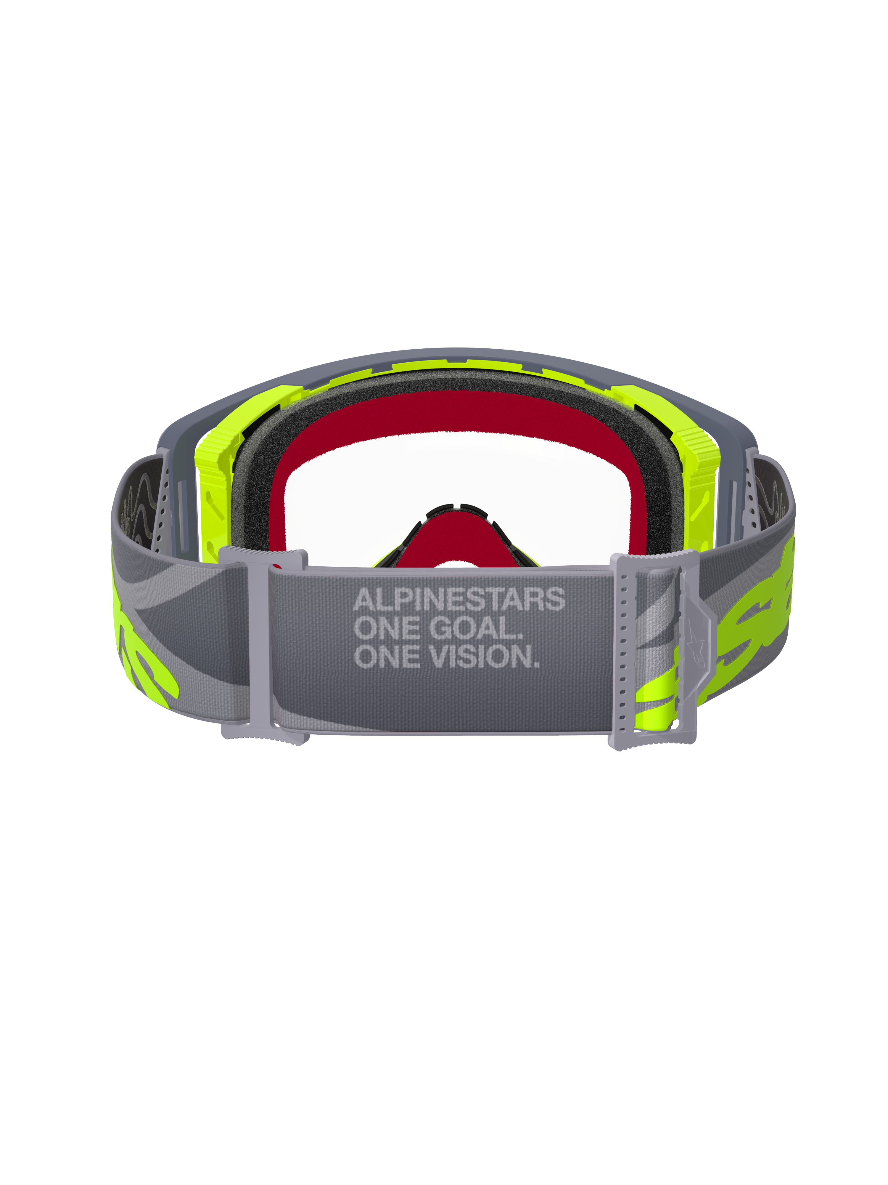 Alpinestars Supertech Stream Goggles, motorcrossbril, grijs en fluogeel, achteraanzicht met de verstelbare grijze band met 'ONE GOAL. ONE VISION.' tekst, heldere lens en meerlaags gezichtsschuim, professionele off-road race-uitrusting