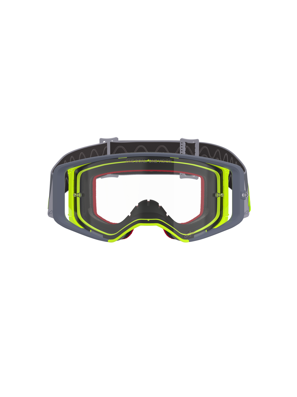 Alpinestars Supertech Stream crossbril, motorcrossbril, grijs en fluorescerend geel frame met heldere lens, vooraanzicht met breed gezichtsveld en technische frameconstructie, oogbescherming voor off-road racen