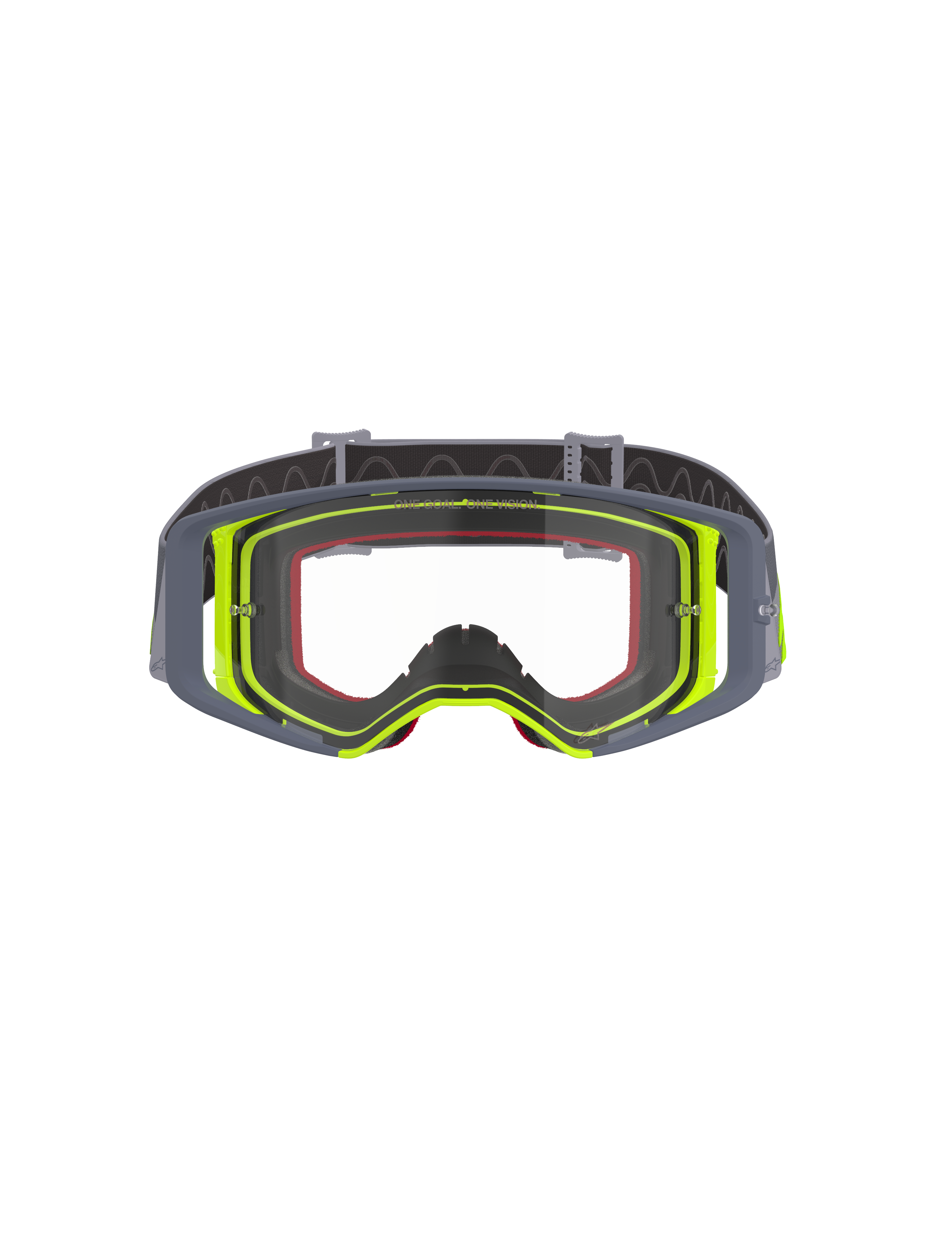 Alpinestars Supertech Stream crossbril, motorcrossbril, grijs en fluorescerend geel frame met heldere lens, vooraanzicht met breed gezichtsveld en technische frameconstructie, oogbescherming voor off-road racen