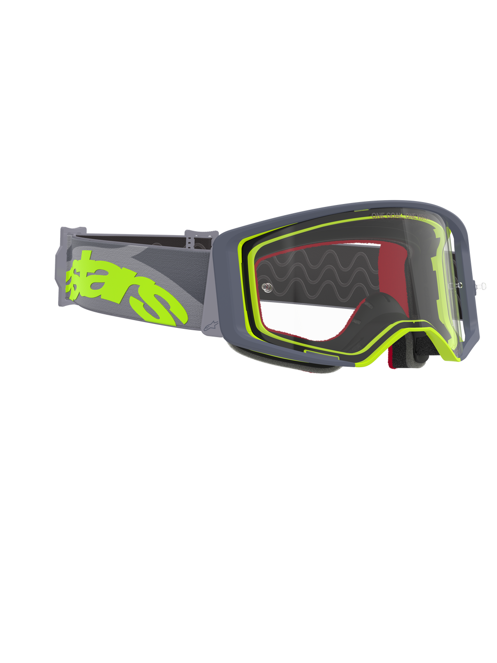 Alpinestars Supertech Stream Goggles, motorcrossbril, grijs en fluogeel montuur met heldere lens, voorzien van een brede grijze band met een groot fluogeel logo, ontworpen voor off-road- en motorcrossprestaties