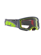 Alpinestars Supertech Stream Goggles, motorcrossbril, grijs en fluogeel montuur met heldere lens, voorzien van een brede grijze band met een groot fluogeel logo, ontworpen voor off-road- en motorcrossprestaties
