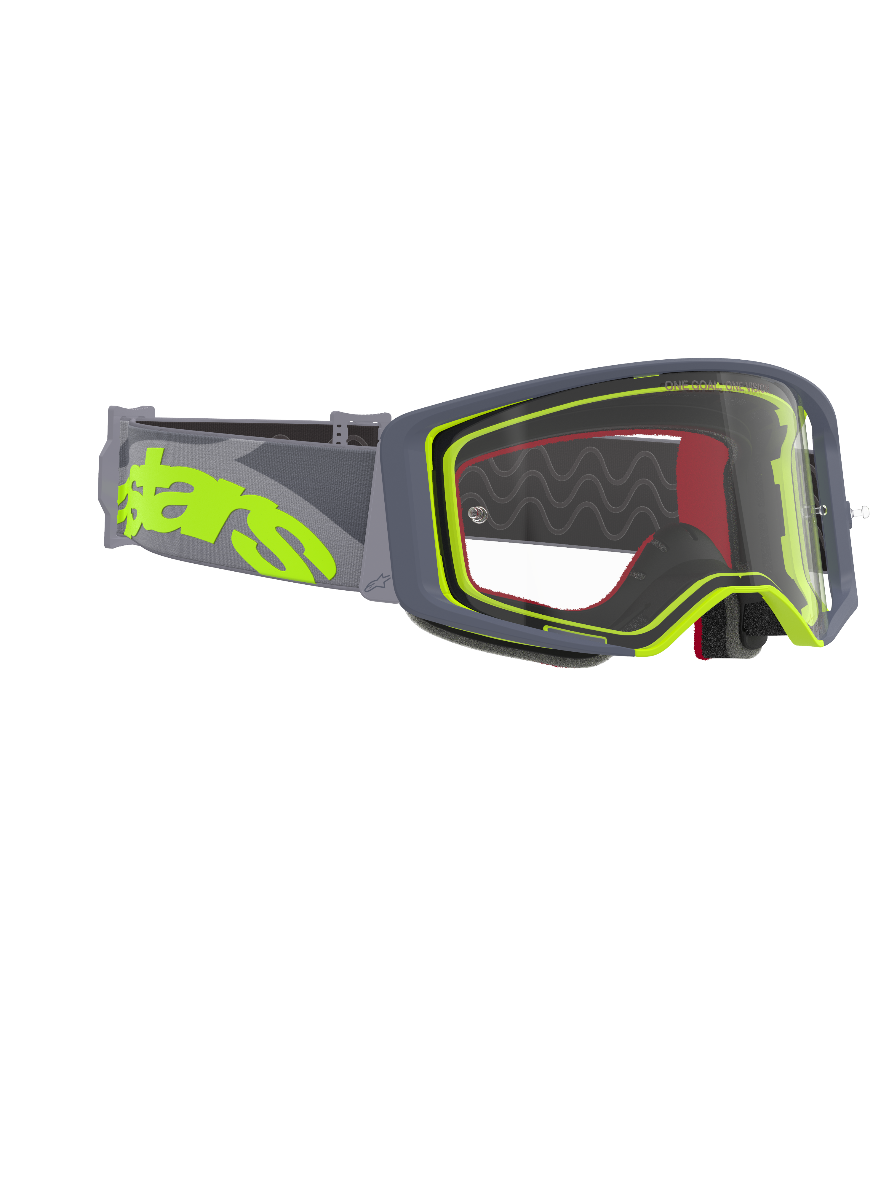 Alpinestars Supertech Stream Goggles, motorcrossbril, grijs en fluogeel montuur met heldere lens, voorzien van een brede grijze band met een groot fluogeel logo, ontworpen voor off-road- en motorcrossprestaties