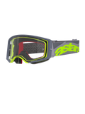 Alpinestars Supertech Stream Goggles, motorcrossbril, grijs en fluogeel, heldere lens met grijs frame, rood schuim aan de binnenzijde, brede grijze band met opvallende neongele astars-branding, professionele off-road racebril.
