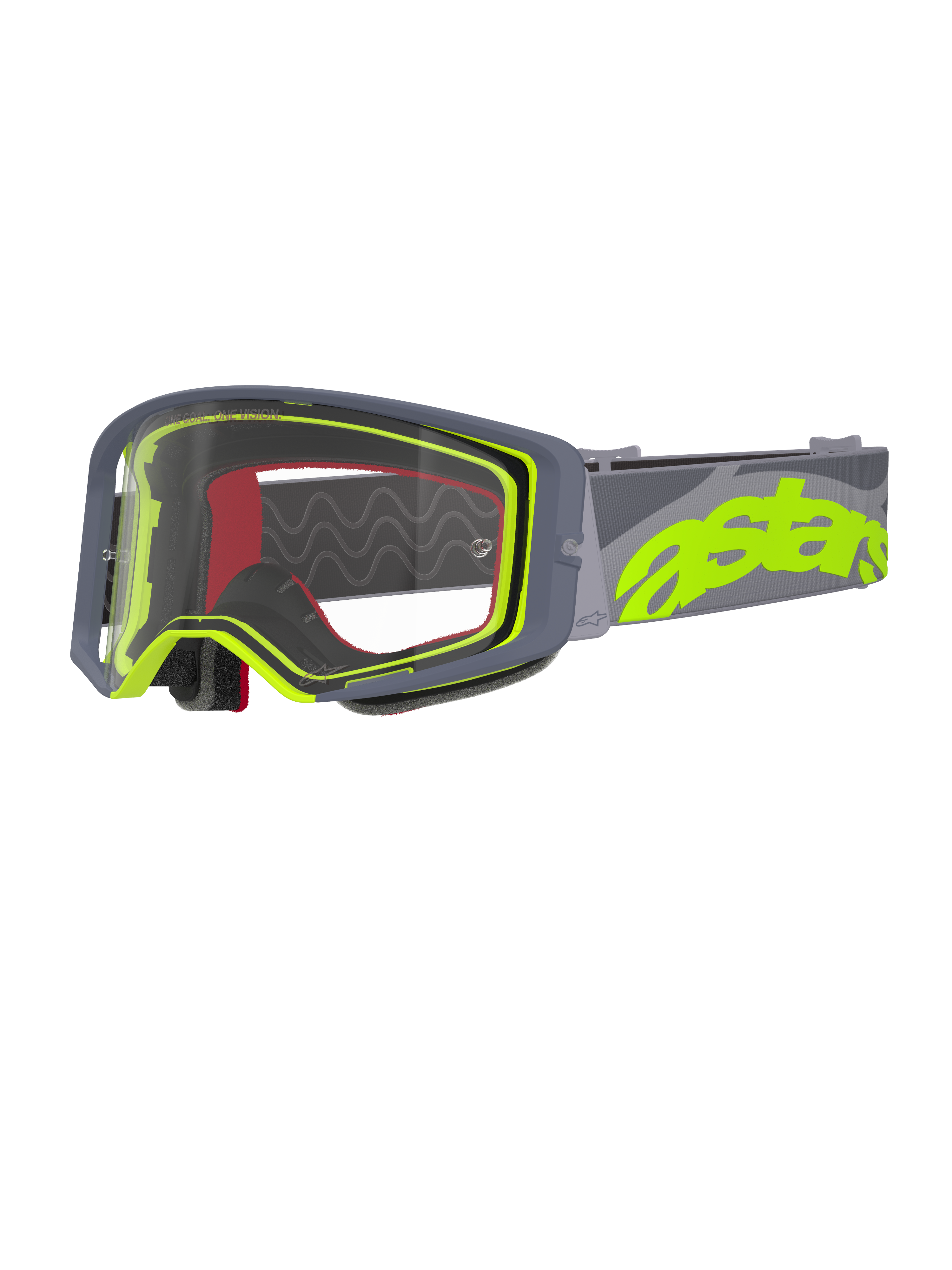 Alpinestars Supertech Stream Goggles, motorcrossbril, grijs en fluogeel, heldere lens met grijs frame, rood schuim aan de binnenzijde, brede grijze band met opvallende neongele astars-branding, professionele off-road racebril.