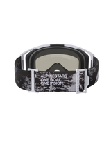 Alpinestars Vision 8 Lahnd Goggles, Motocross Goggles, Iron Camo and Mirror Silver, rear view showing adjustable strap with 'ONE GOAL. ONE VISION.' text, camouflage pattern with white and grey frame accents