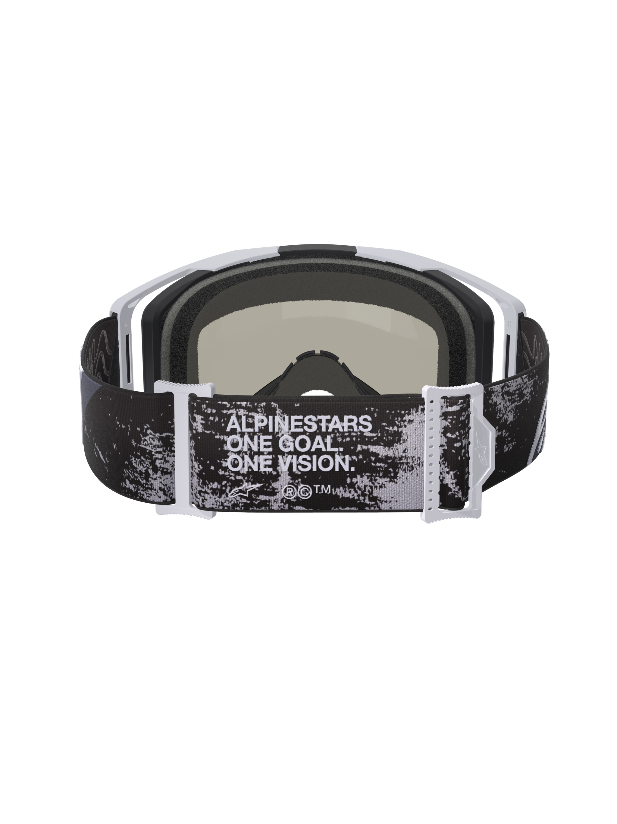 Alpinestars Vision 8 Lahnd Goggles, Motocross Goggles, Iron Camo and Mirror Silver, rear view showing adjustable strap with 'ONE GOAL. ONE VISION.' text, camouflage pattern with white and grey frame accents