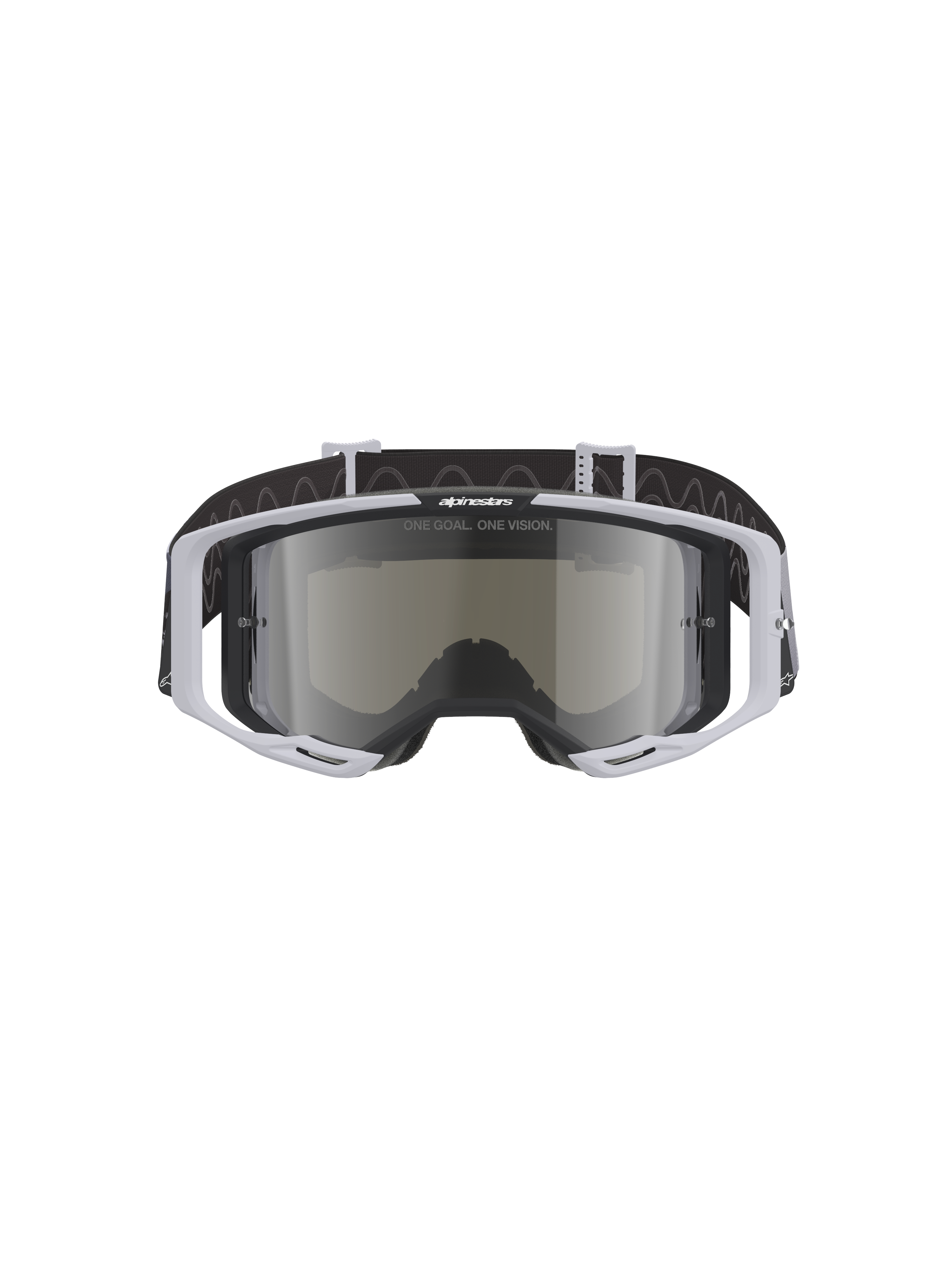 Alpinestars Vision 8 Lahnd Goggles, Motocross Goggles, Iron Camo Mirror Silver, light gray frame with a mirrored silver lens, black strap with wavy pattern, professional eyewear for off-road racing and motocross
