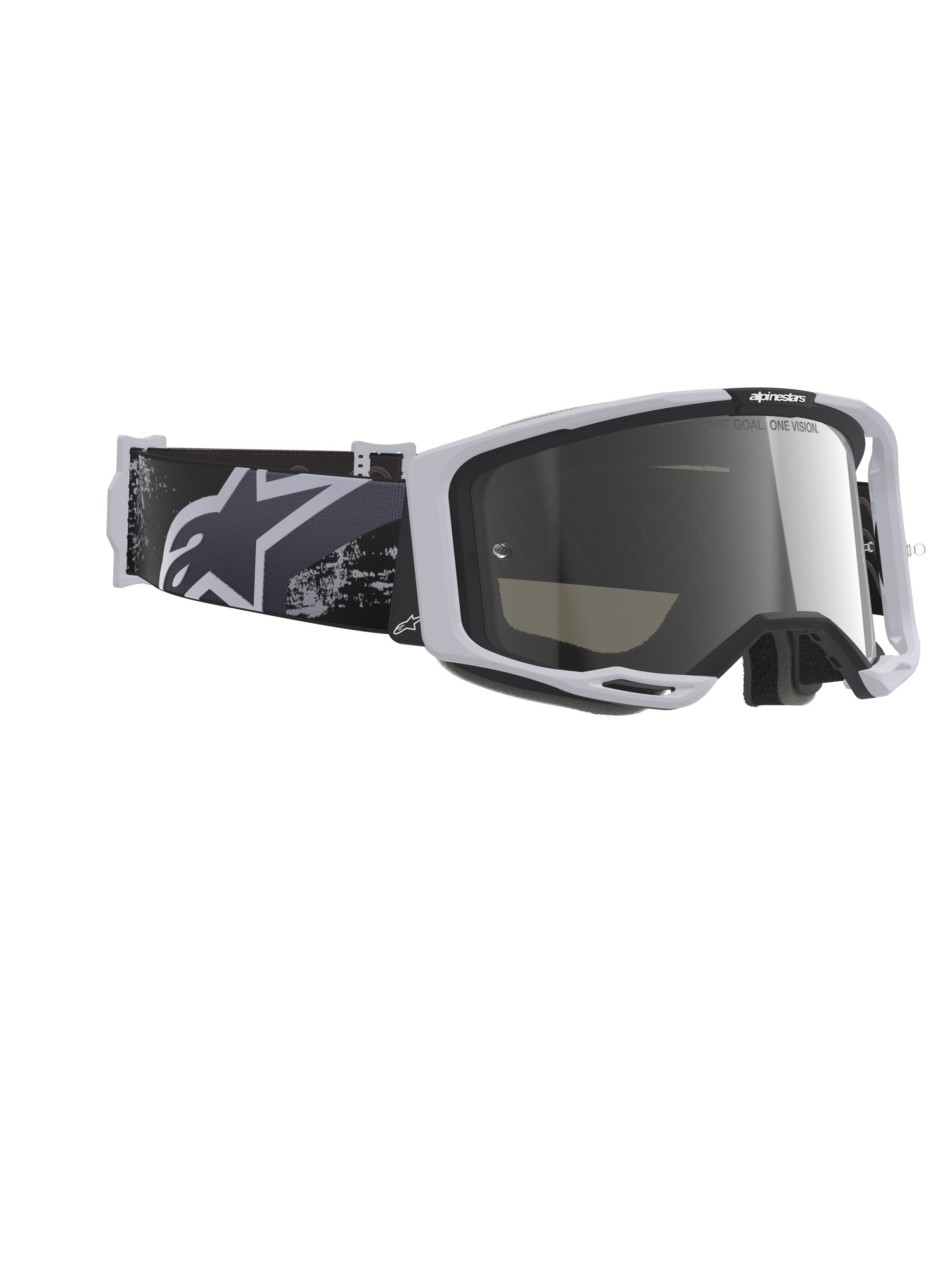 Alpinestars Vision 8 Lahnd Goggles, Motocross Goggles, Iron Camo Mirror Silver, light grey frame with mirror silver lens, black and grey camouflage strap with white Alpinestars logo, high-performance off-road eye protection