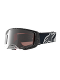 Alpinestars Supertech Hiten veiligheidsbril voor motocross, zwart en wit met zilveren spiegelglas en breed perifeer zicht.
