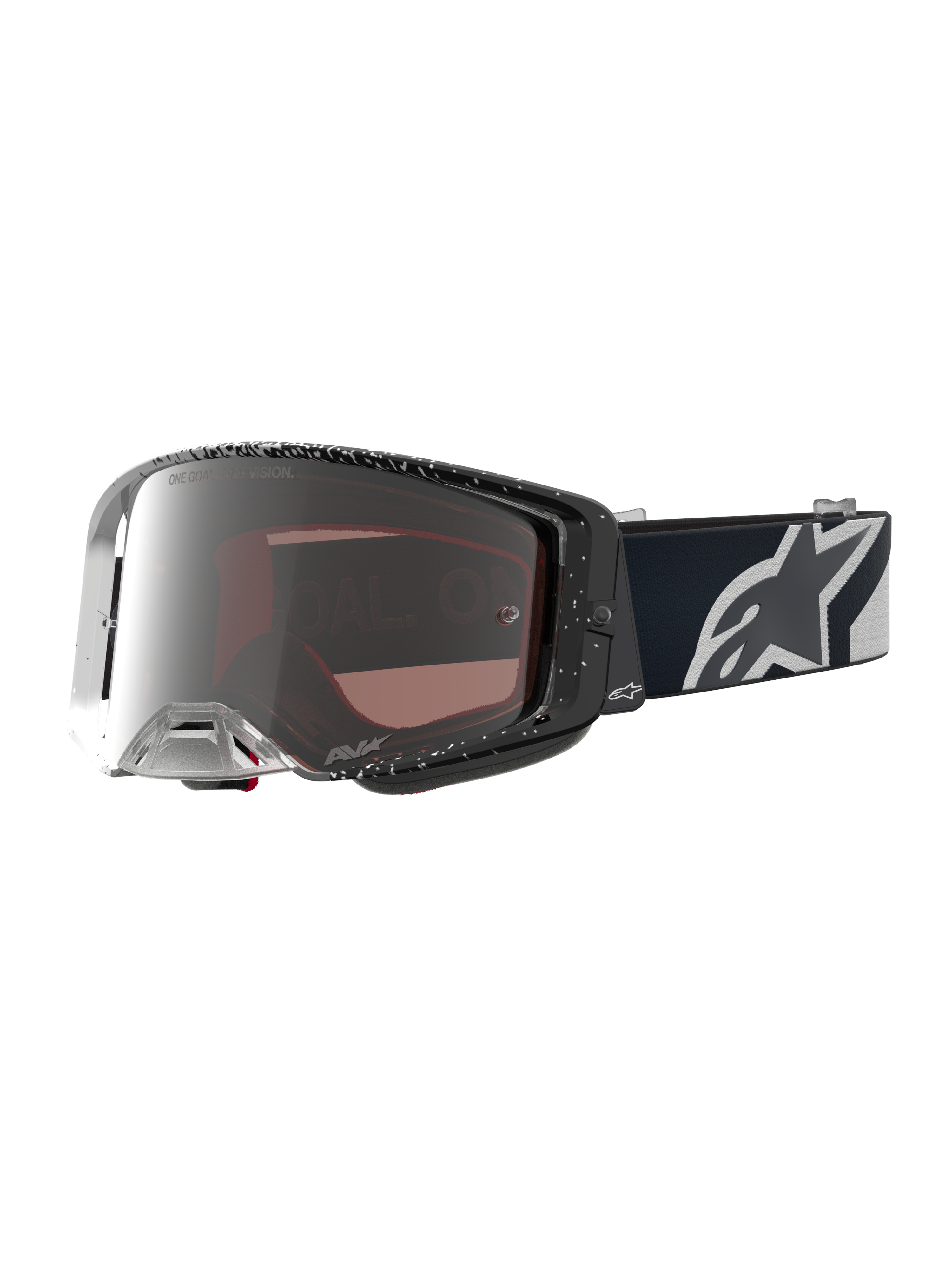 Alpinestars Supertech Hiten Goggles for motocross racing, black and white with a silver mirror lens and wide peripheral vision.