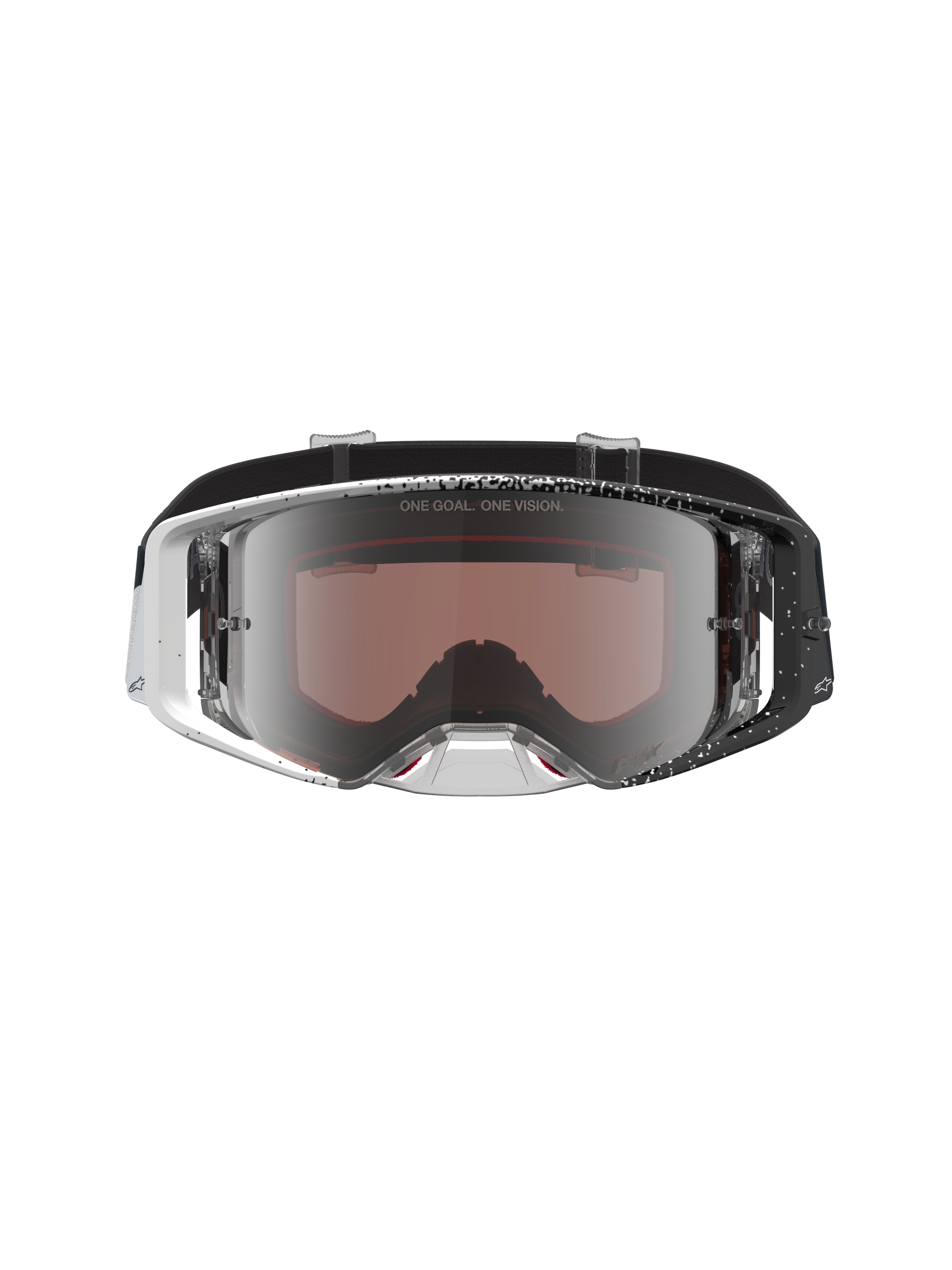 Alpinestars Supertech Hiten Goggles, motocross goggles with a white and black speckled frame and mirror silver lens.